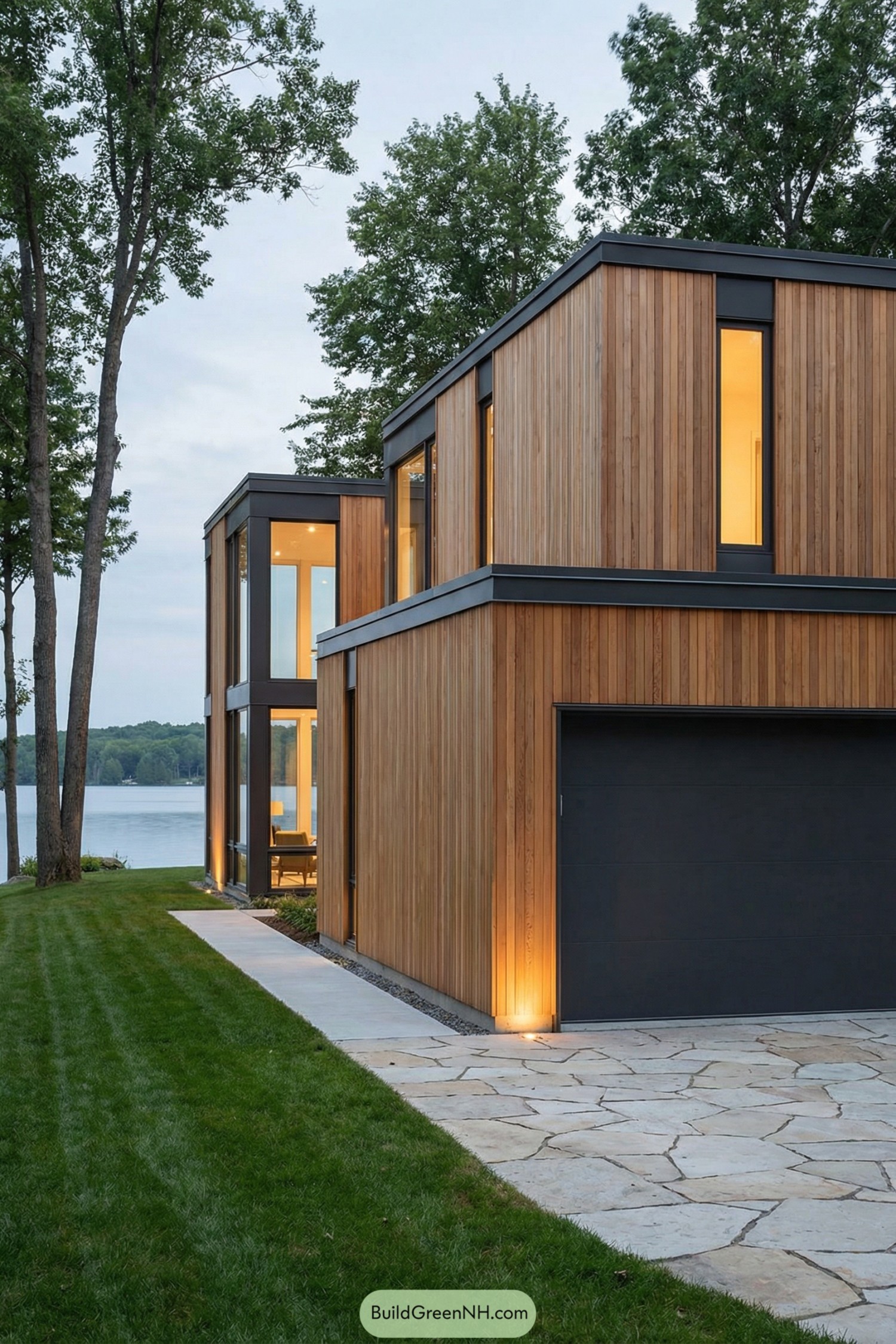 Modern boxy cedar-clad house beside lake