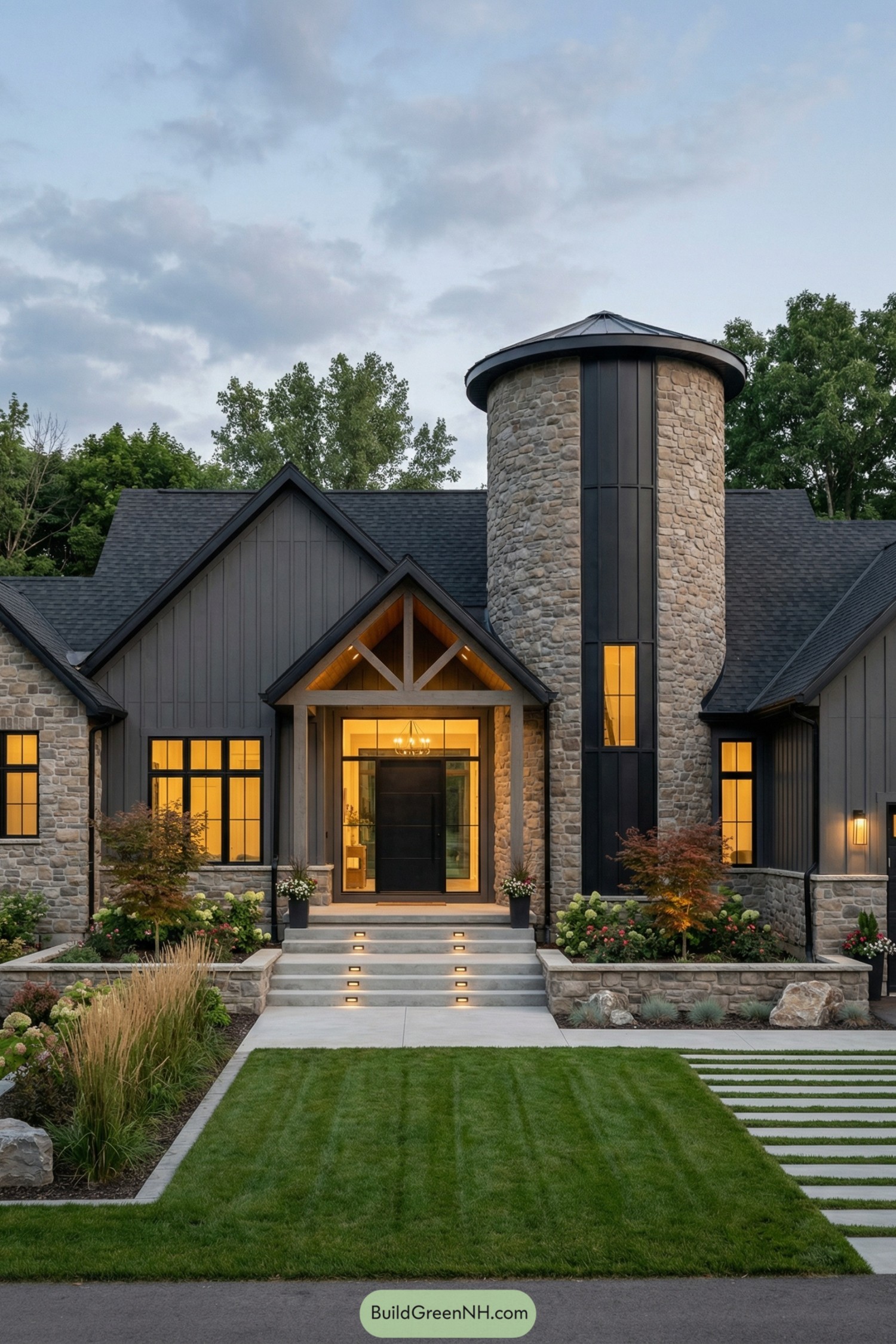 Modern farmhouse with stone silo tower