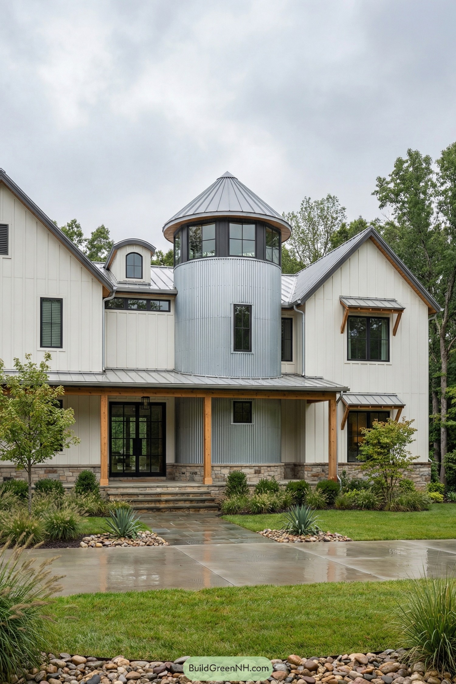 Modern farmhouse with central corrugated metal silo tower and covered front porch