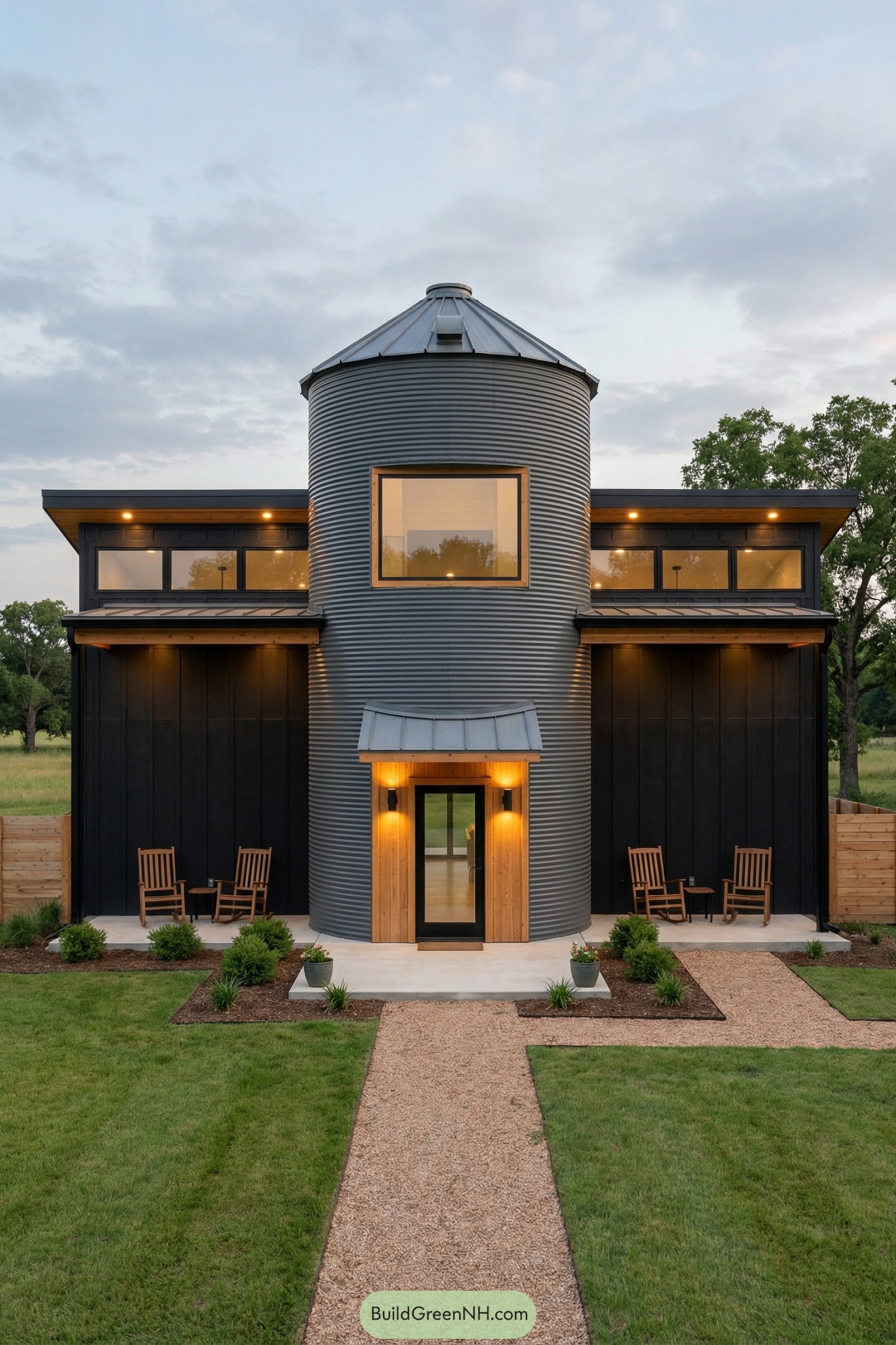 Vertical metal silo house with black board-and-batten wings warm wood accents and evening exterior lighting