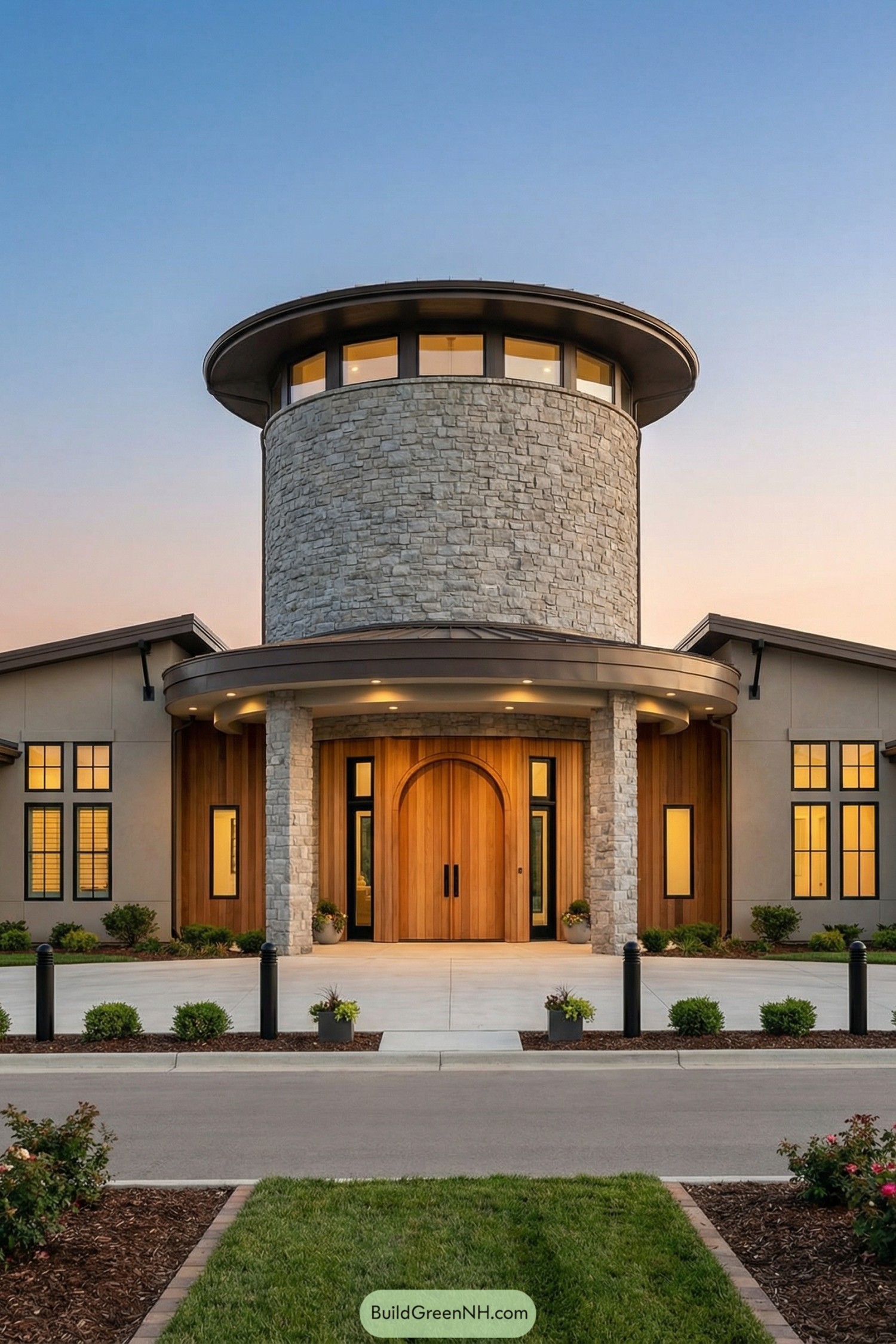 Modern stone silo house with tall round tower and arched wooden entry