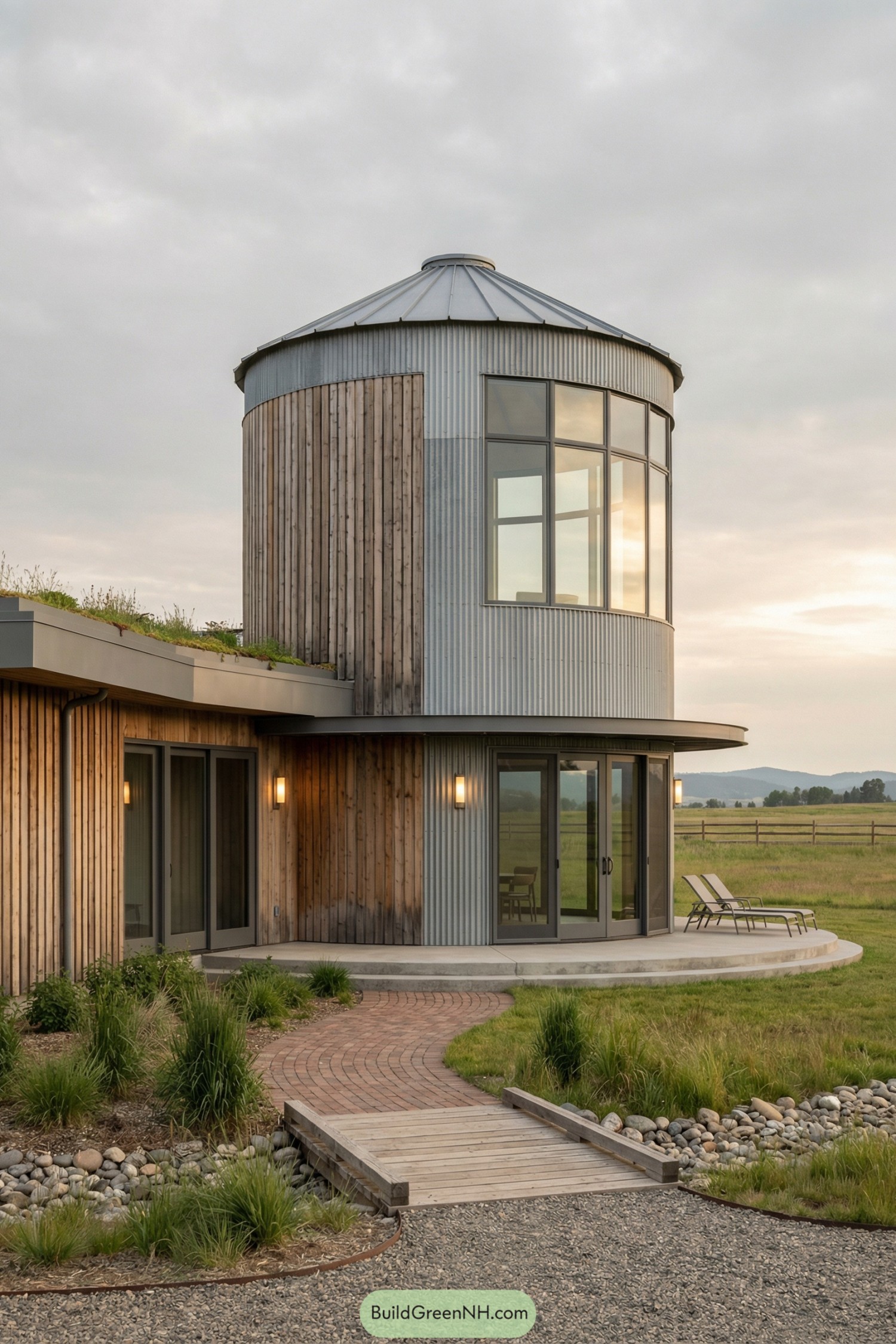 Modern silo home with wood and metal tower beside glass doors and landscaped path