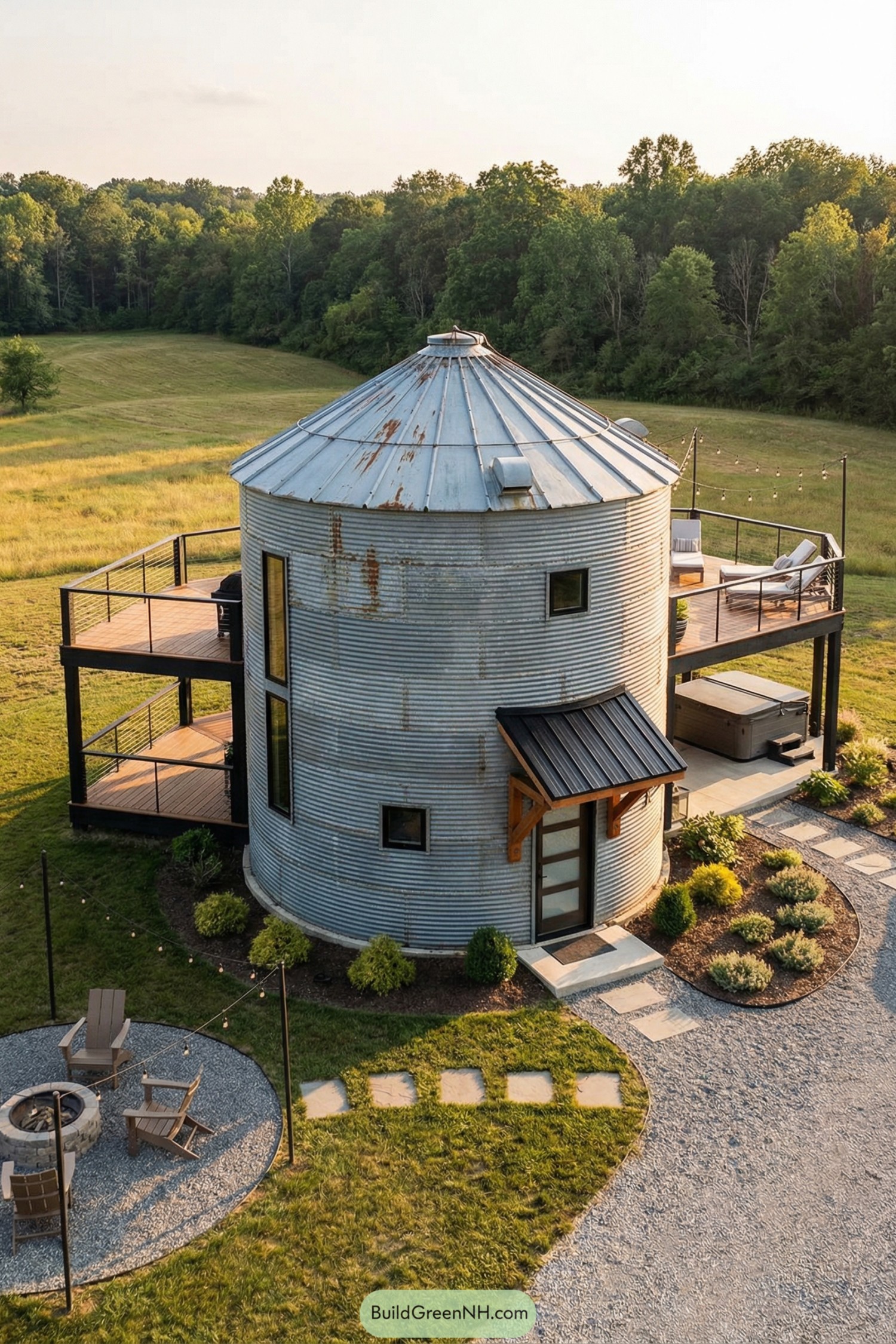 Modern converted grain silo home with wraparound decks