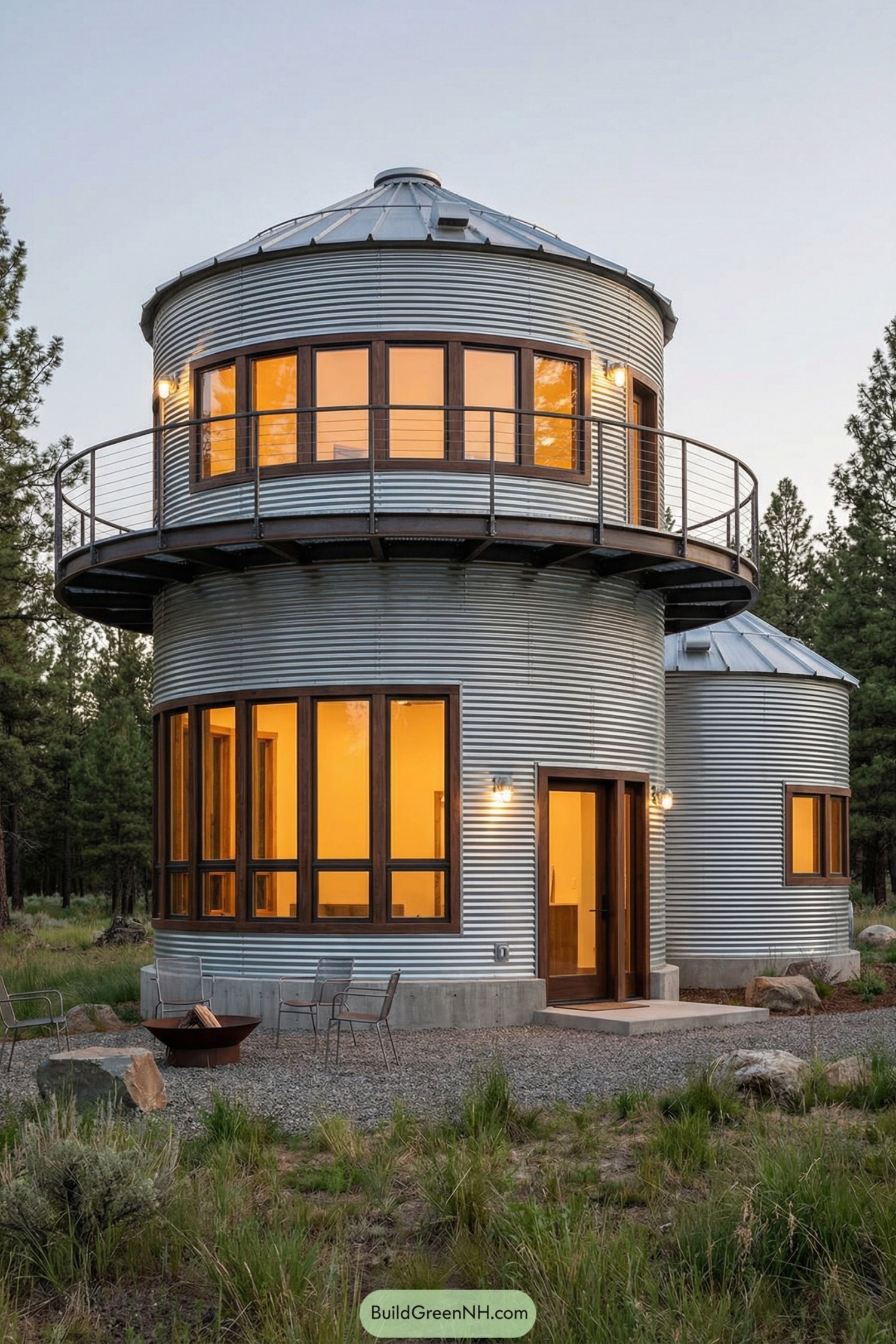 Modern cylindrical silo house with glowing windows and upper-level wraparound balcony in a forest clearing