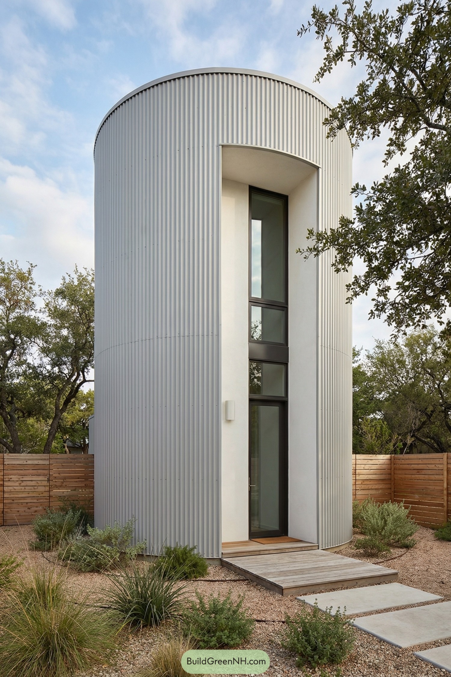 Tall cylindrical modern tiny house clad in corrugated metal with a tall glass entry