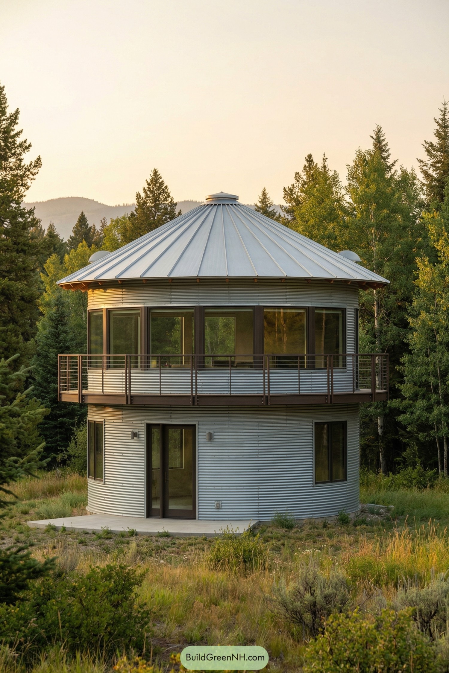 Two-story round metal-clad house with large windows and wraparound upper deck set in a forest clearing at sunset