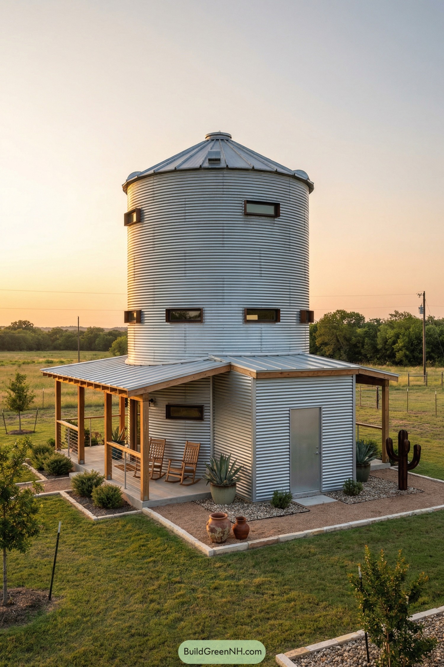 Modern corrugated metal silo house with wraparound porch in open rural landscape at sunset