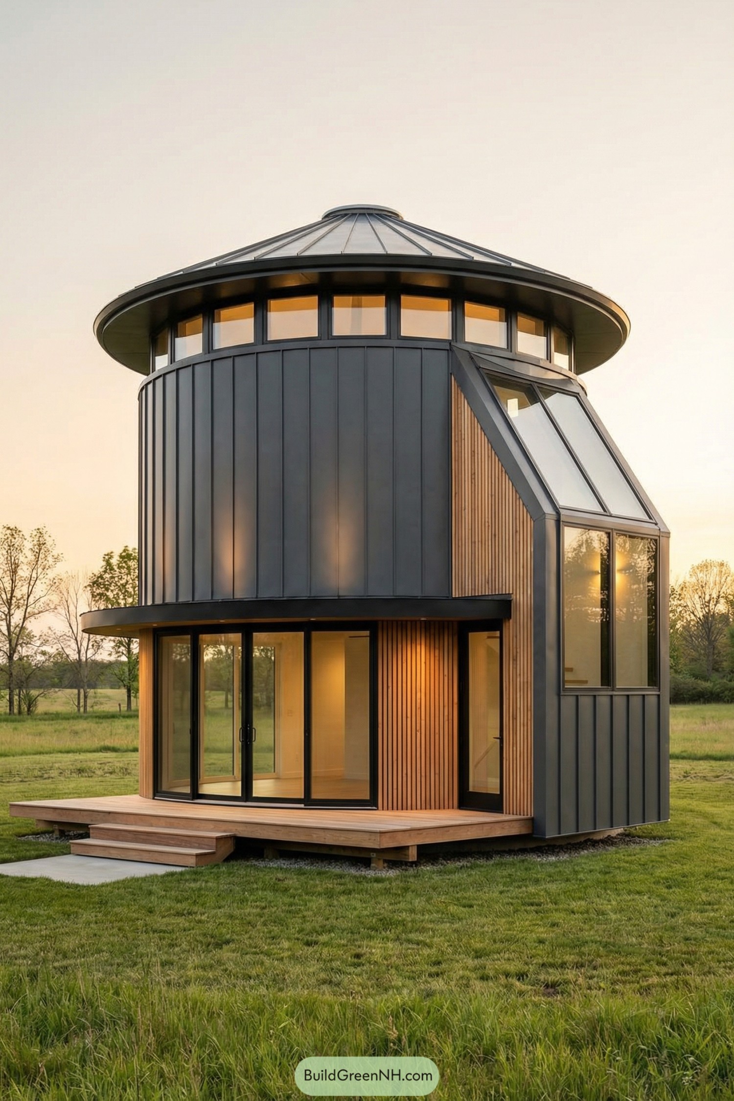 Modern two-story circular silo house with dark metal cladding, tall windows, and wood accents set in an open grassy field at sunset