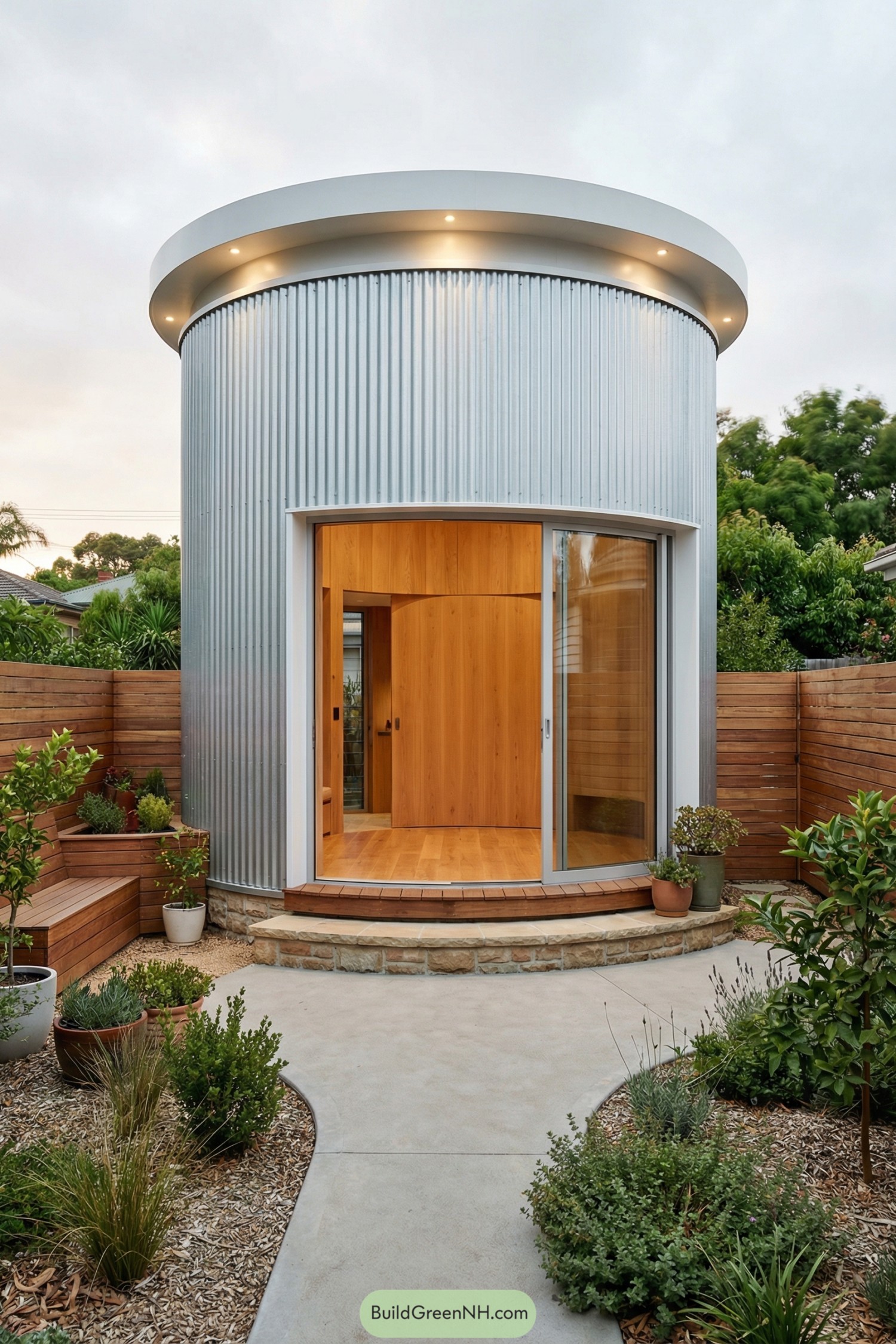 Round metal tiny house with wood interior