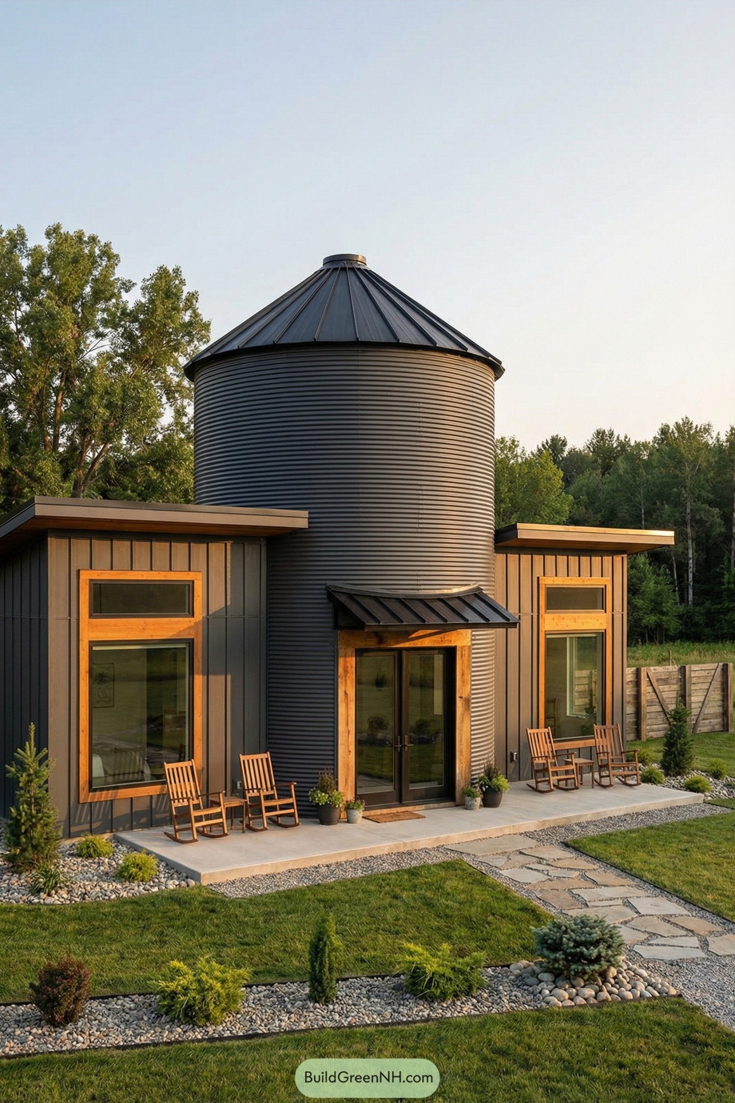Modern silo home with flanking flat-roof wings and warm wood accents