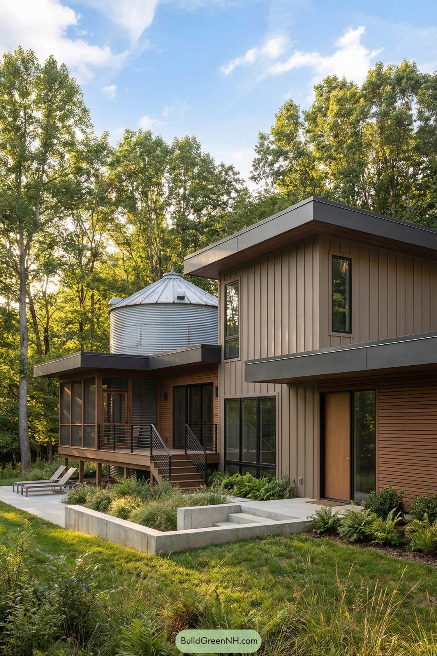 Modern silo house with boxy wood-clad wings in a lush forest setting