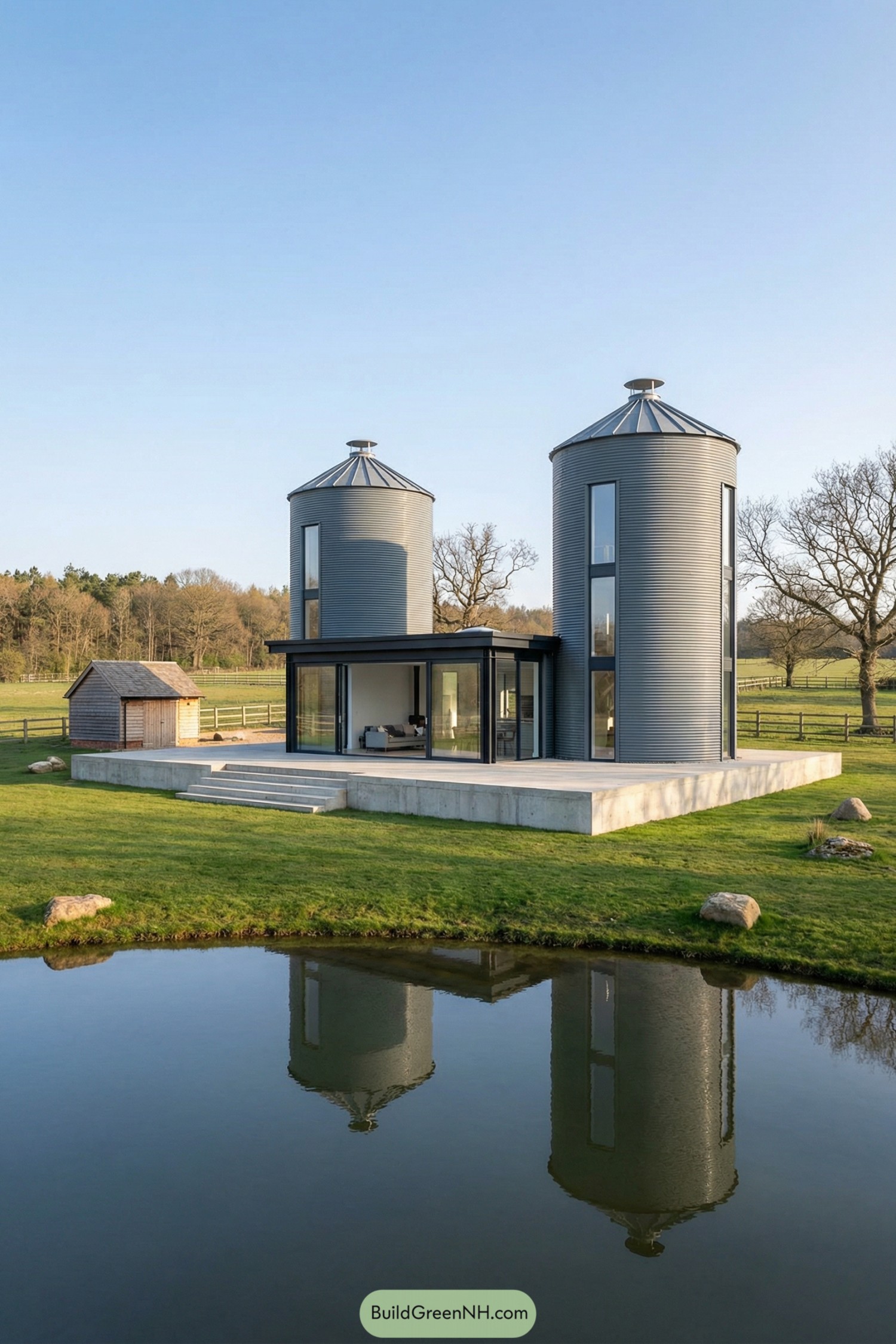 Modern twin silo house with glass pavilion by a reflective pond