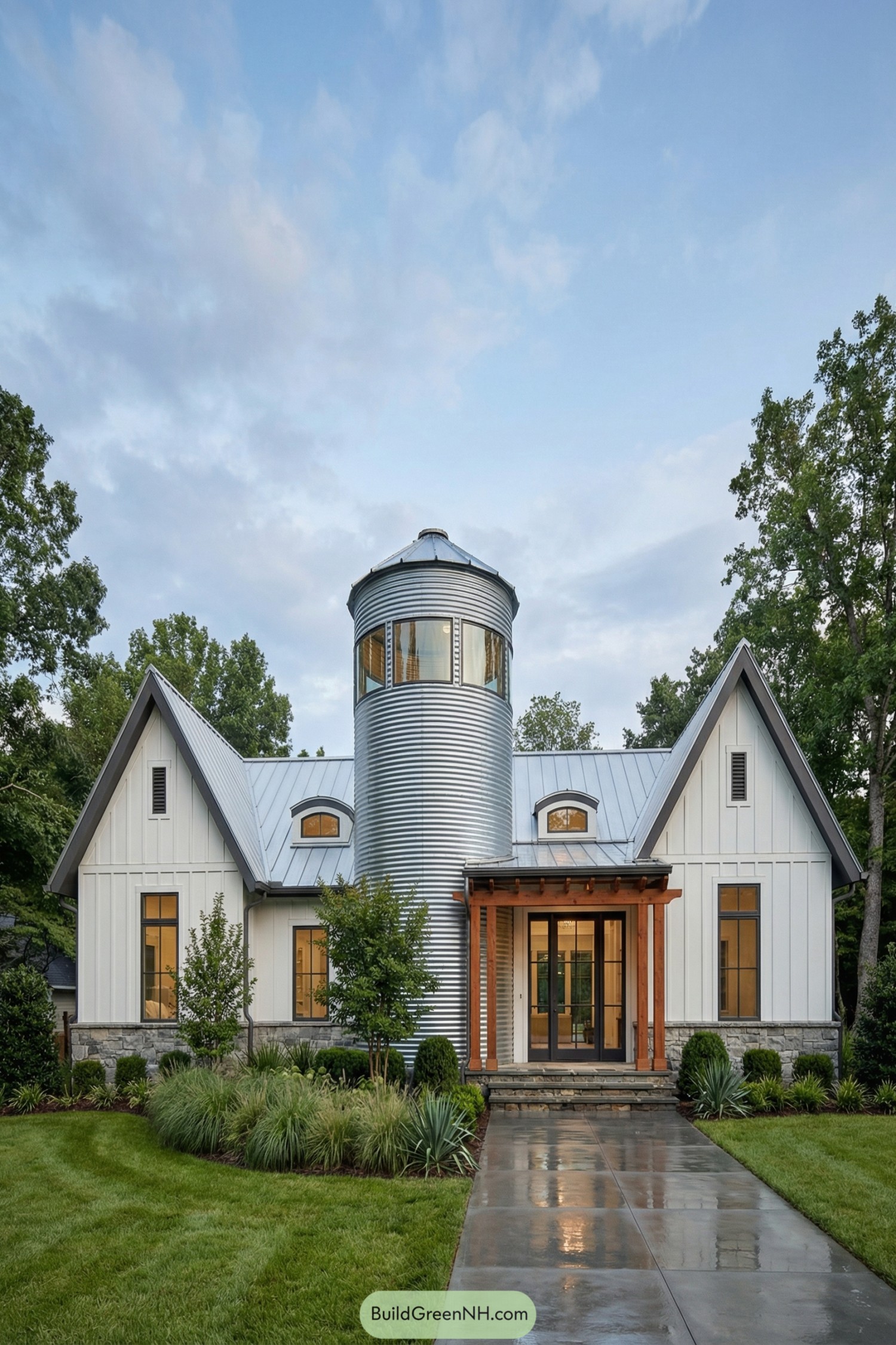 Modern farmhouse with central metal silo tower, white siding, and wood-framed entry porch surrounded by lush lawn