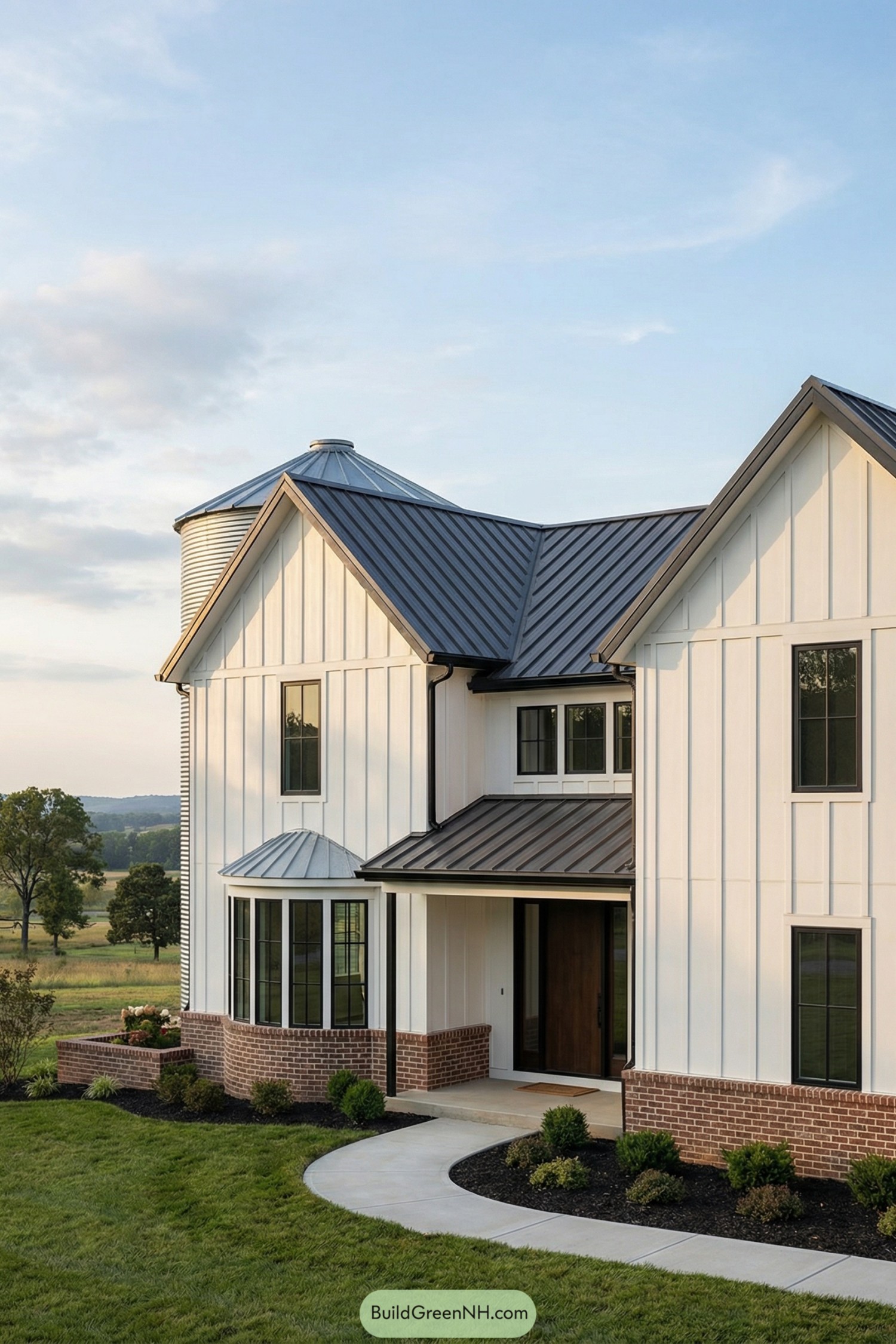 Modern white farmhouse with black metal roof and attached cylindrical silo tower
