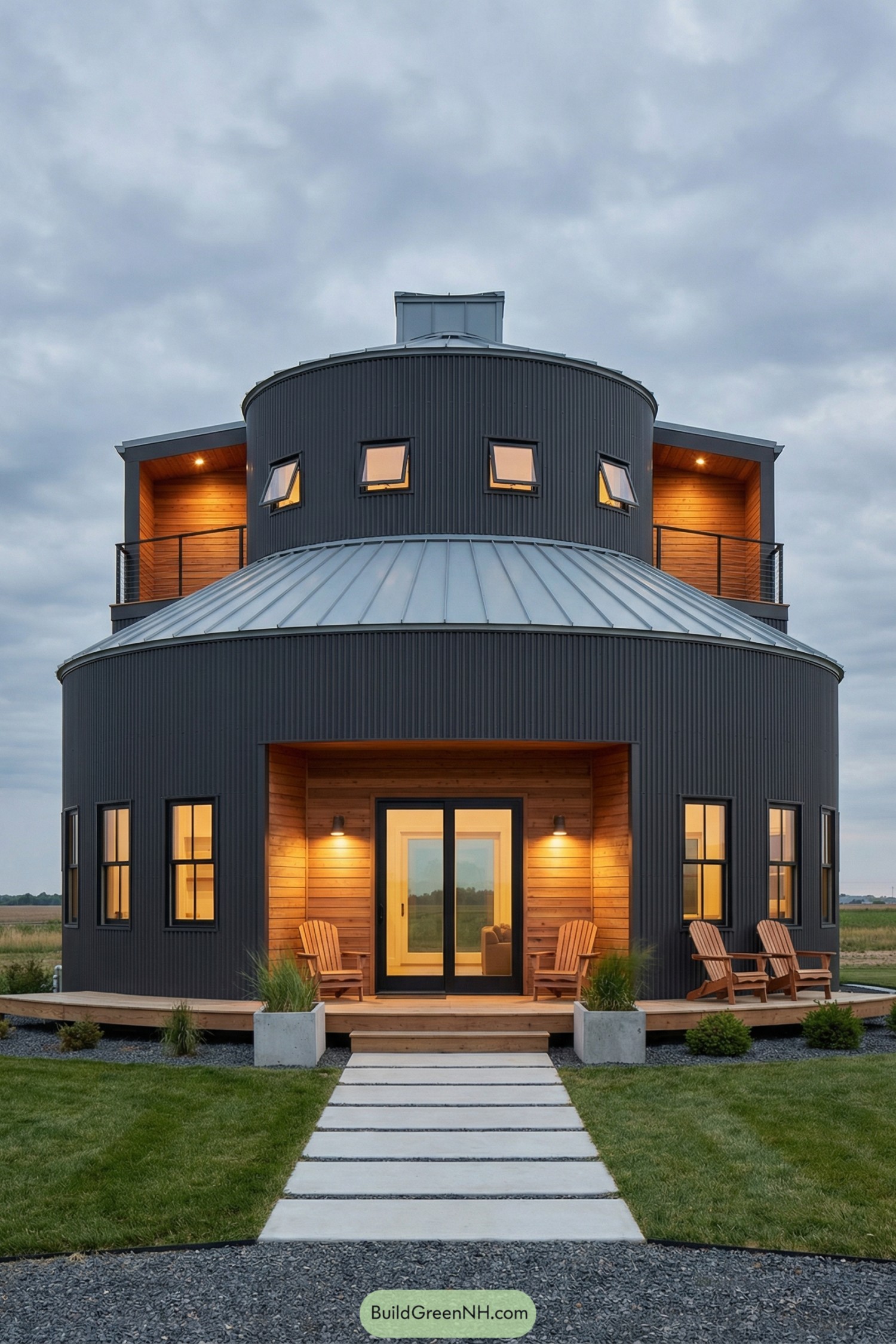 Modern circular silo house with dark corrugated metal, warm wood accents, and glowing windows at dusk