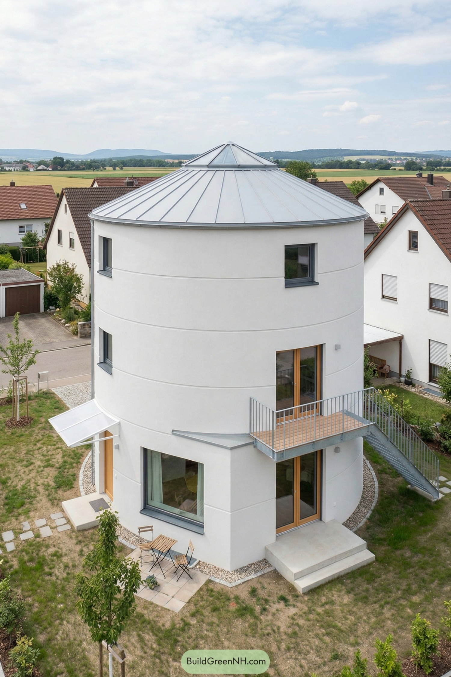 Modern white cylindrical house with metal roof