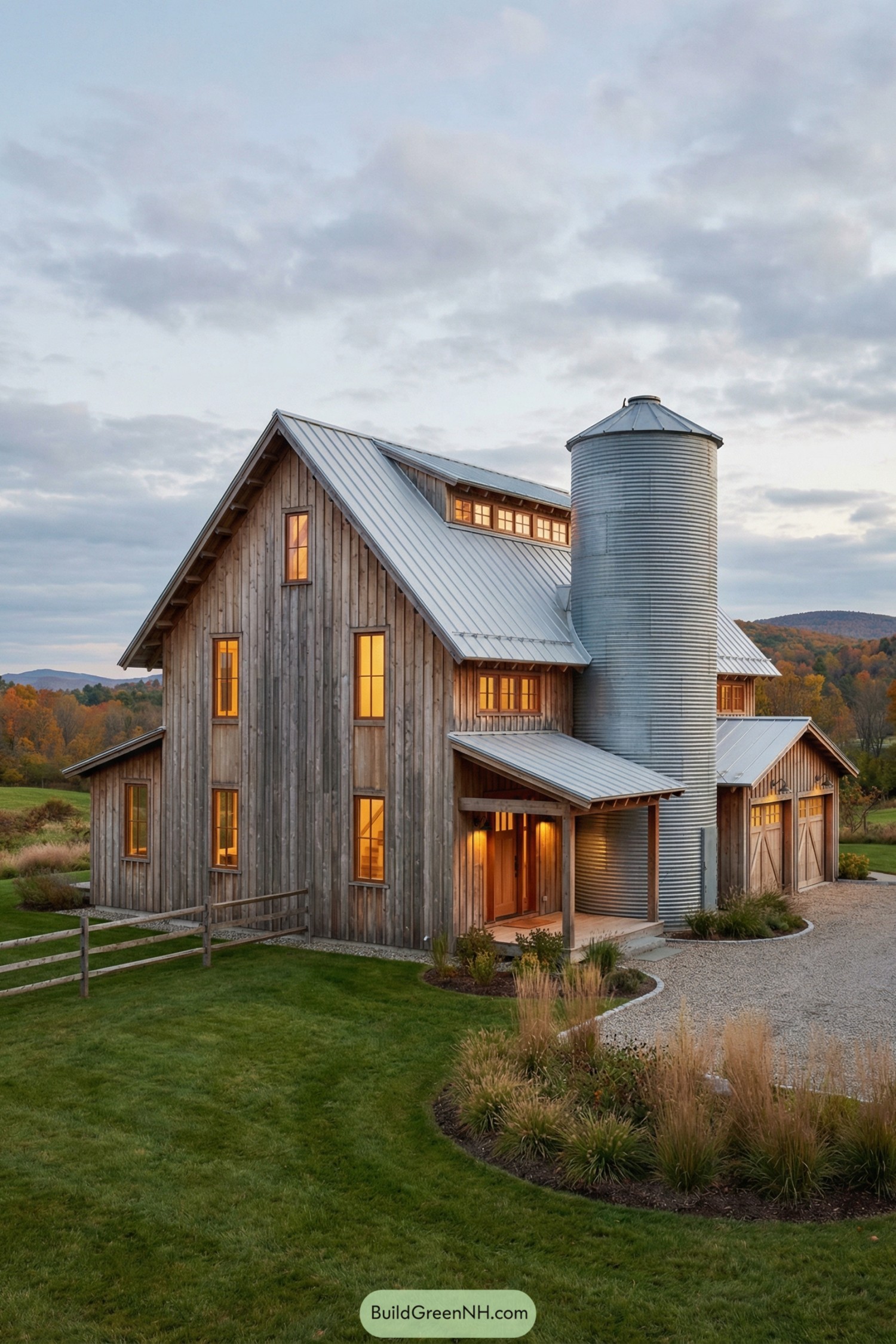 Modern farmhouse with tall corrugated metal silo and warm interior lights at dusk