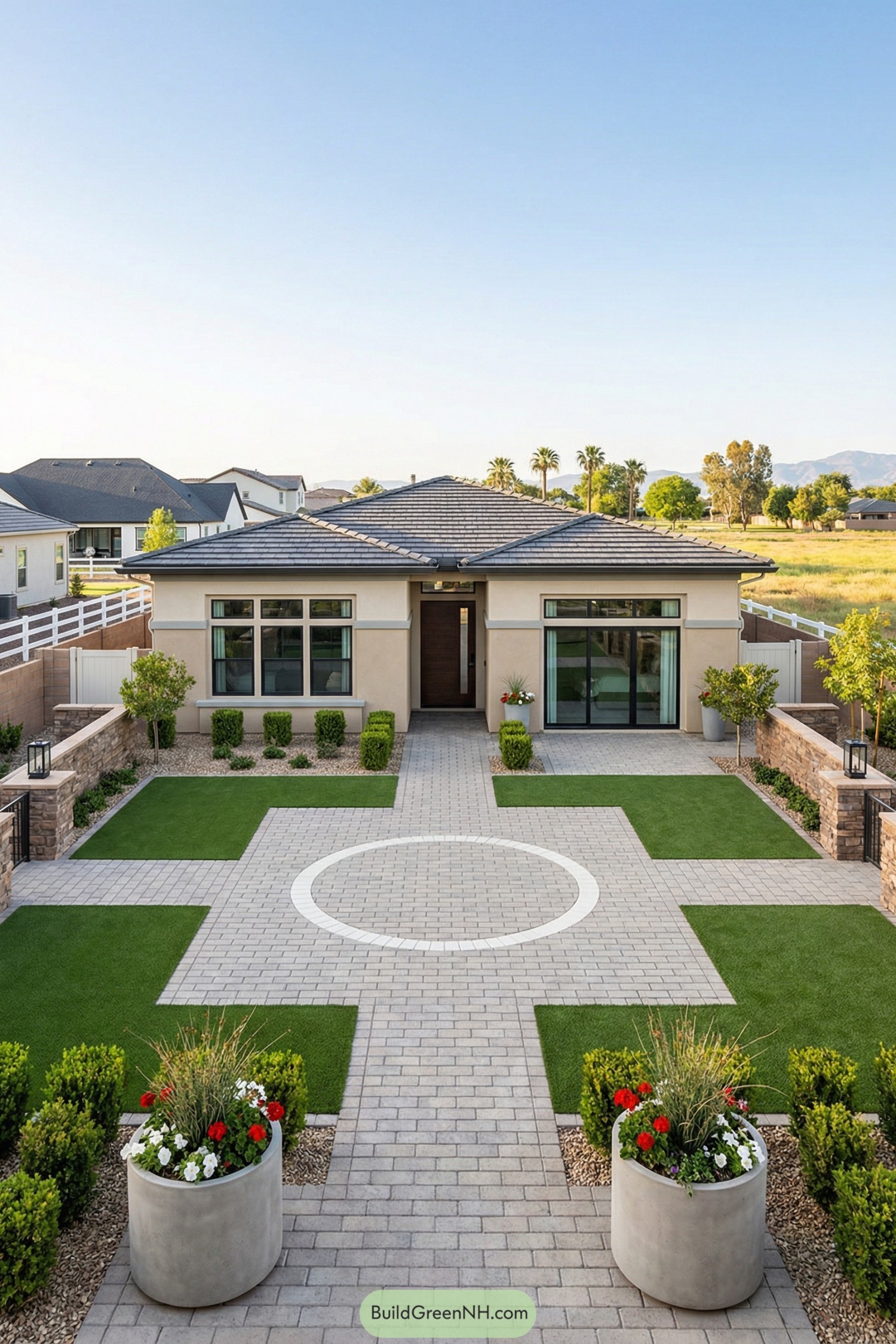 Modern single-story home with symmetrical brick-paved courtyard and circular inlay surrounded by artificial lawn panels and low stone walls