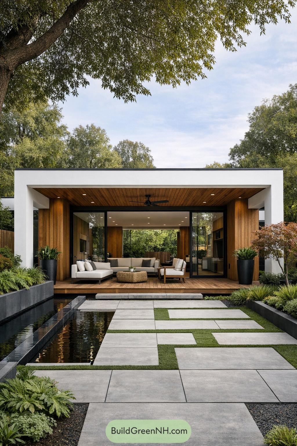 Modern courtyard house with wood-lined lounge opening to geometric stone path over reflecting pond