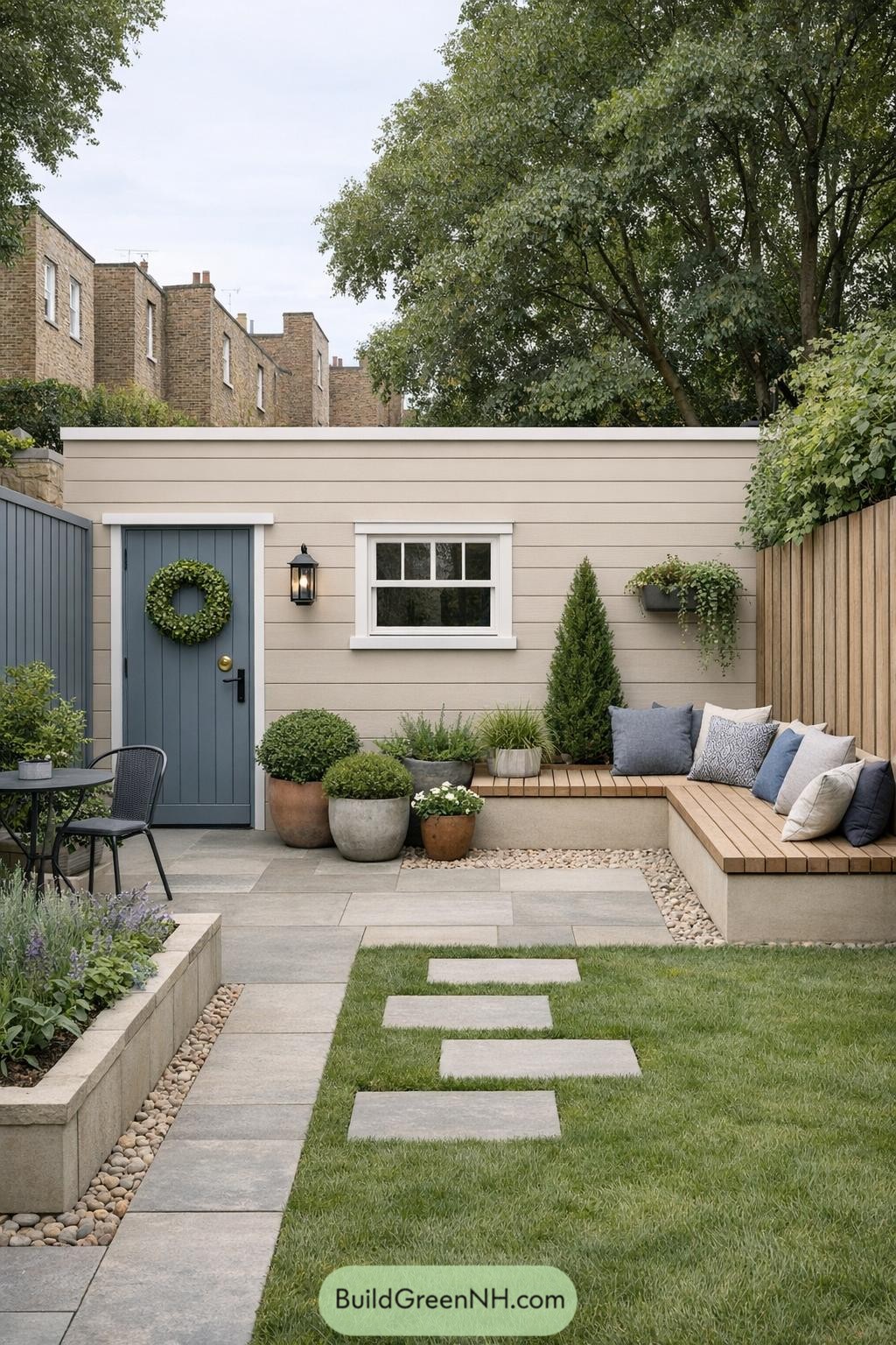 Small courtyard with built-in bench, pavers, and potted greenery against a compact outbuilding