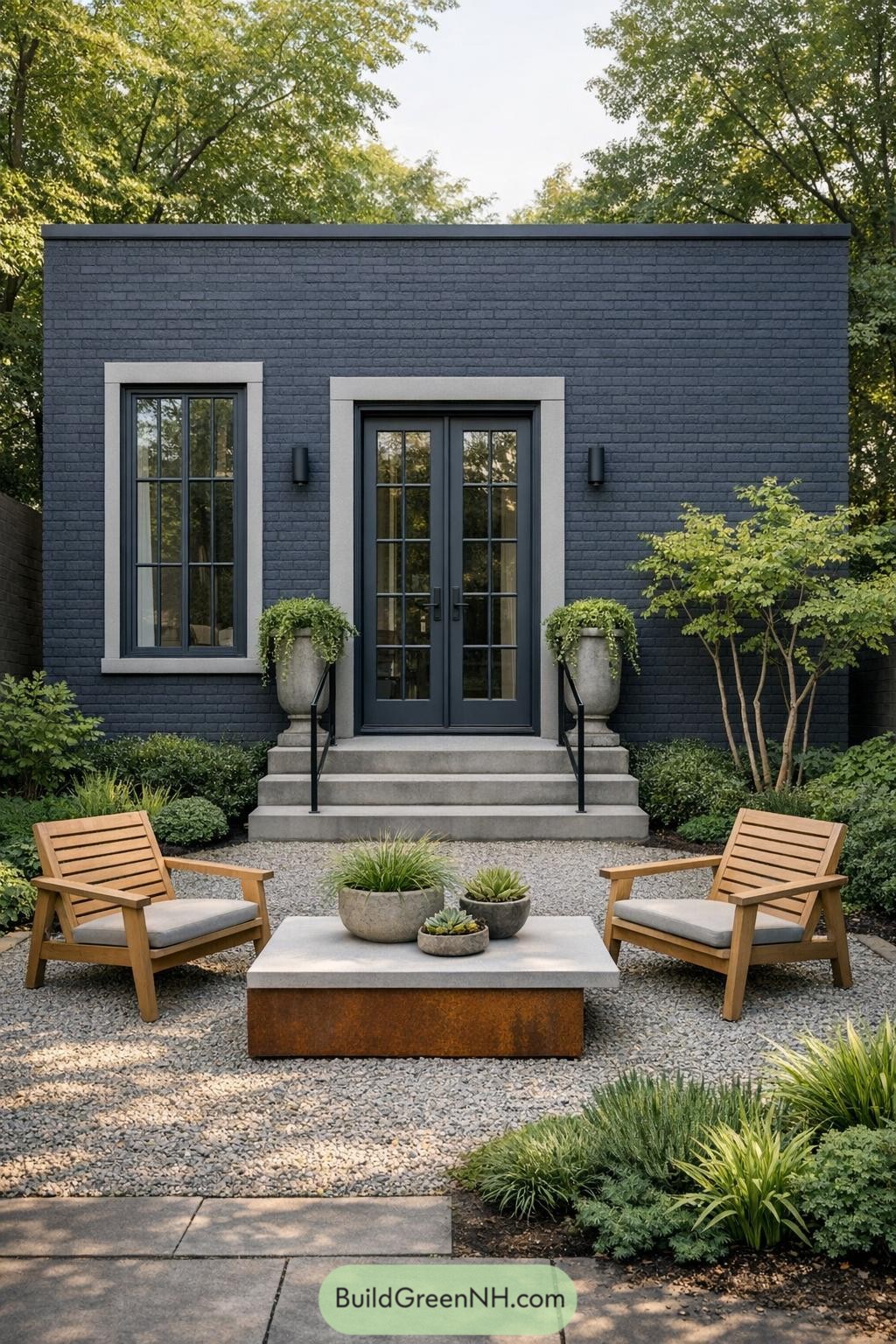 Modern gray brick studio with French doors opening to a gravel courtyard, wooden lounge chairs, and low greenery