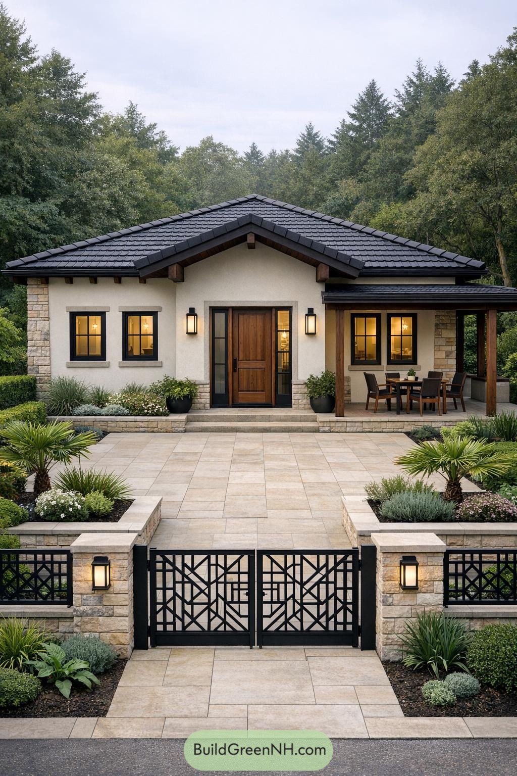 Single-story modern bungalow with tiled courtyard, low stone planters, and black metal gate
