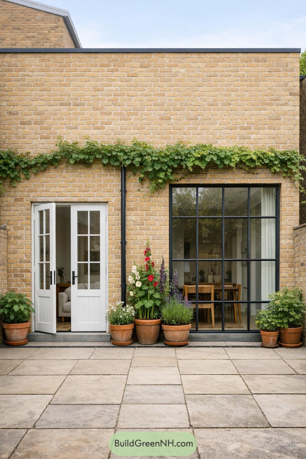 Warm brick courtyard facade with white doors, black-framed window, potted flowers, and vines above