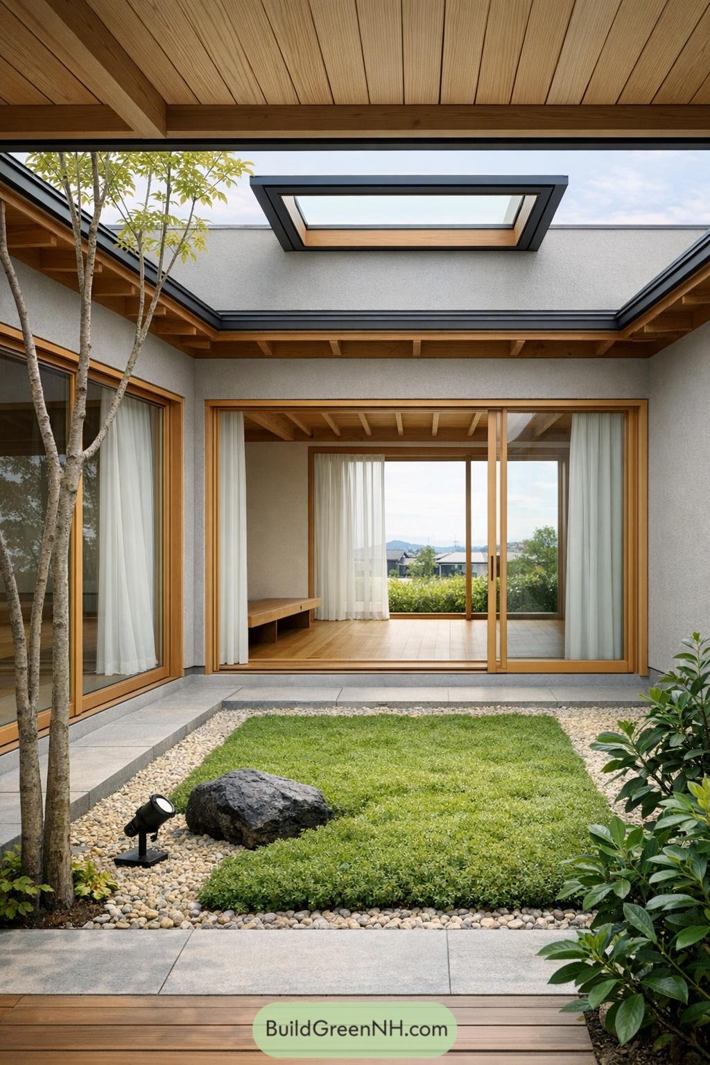 Minimalist courtyard garden with grass square framed by stone, wood, and sliding glass around it