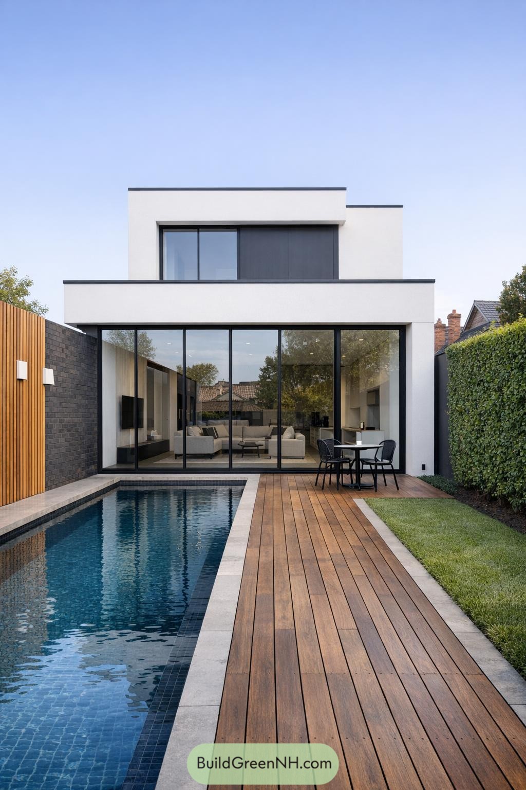 Modern white two-story house with glass walls opening to a narrow pool, timber deck, and hedge-lined courtyard