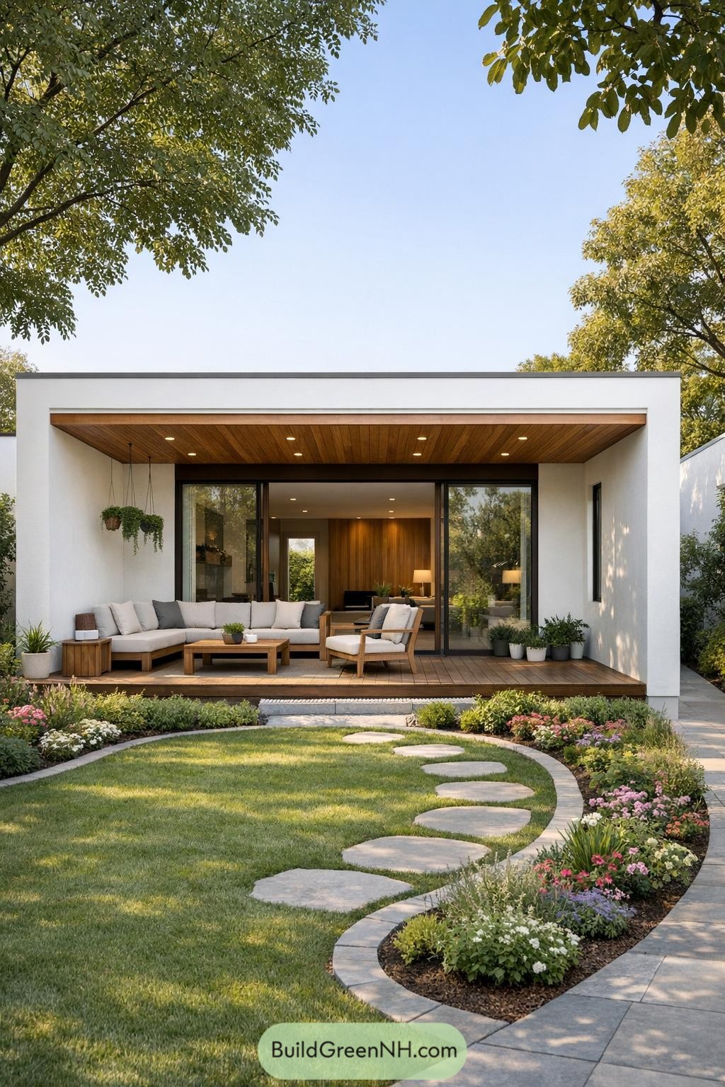 Modern white patio pavilion with wood deck and curved garden path