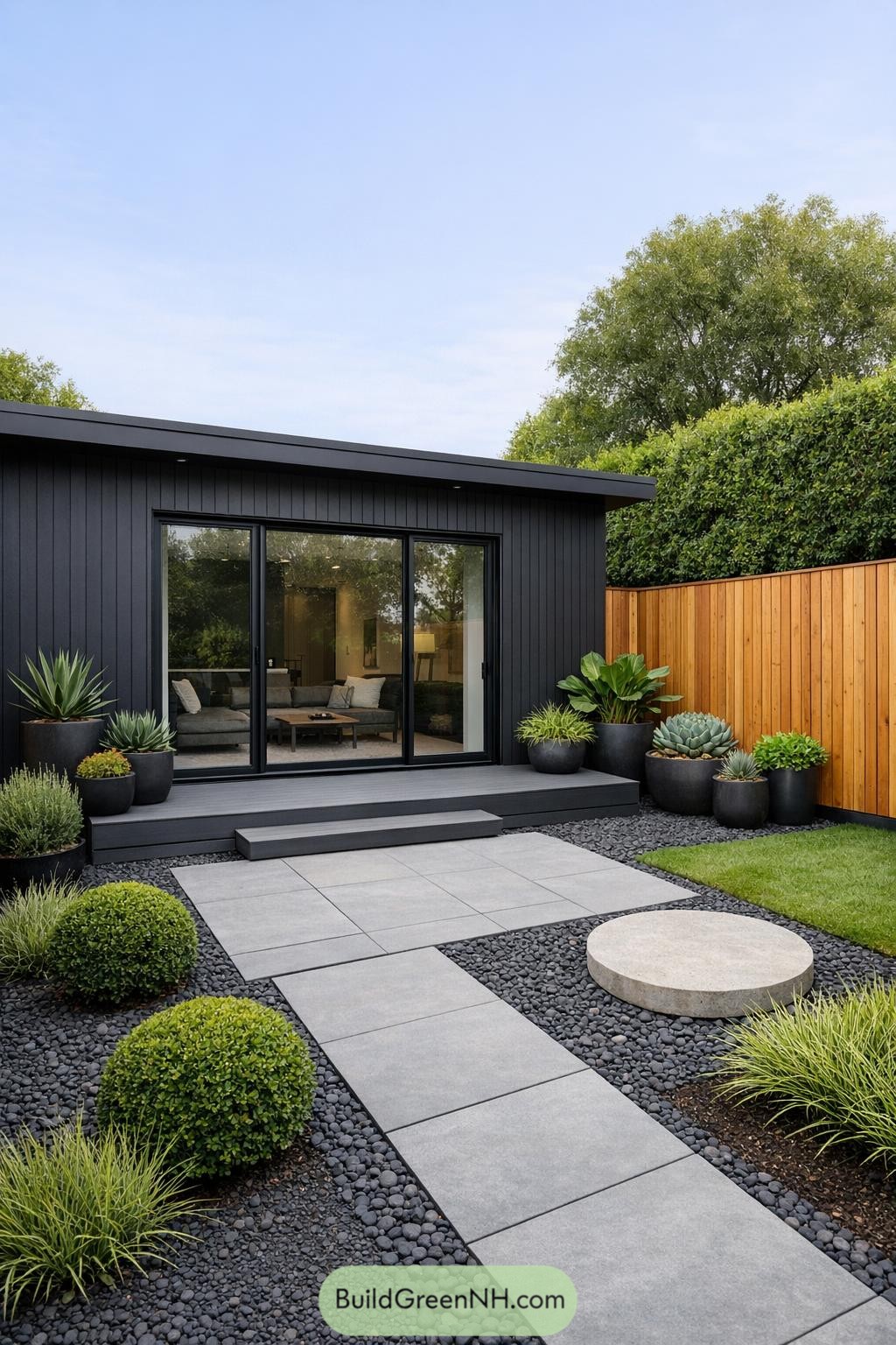 Modern courtyard with gray pavers black cladding and sculpted greenery