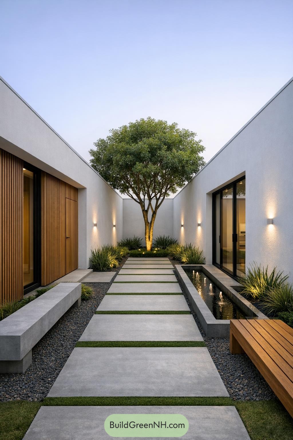 Minimalist courtyard with concrete pavers water feature and central tree