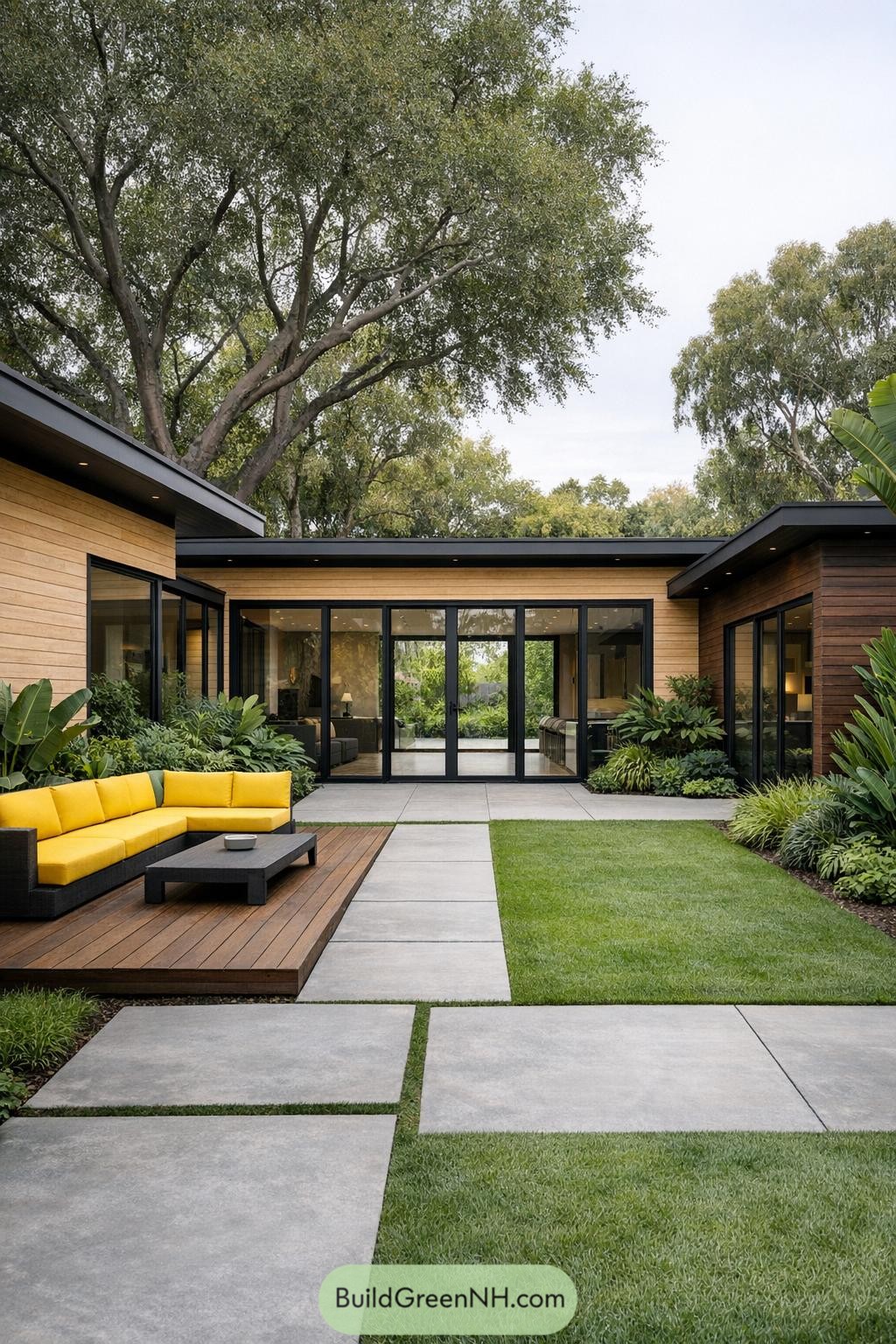 Modern courtyard with lawn, concrete pavers, and bright yellow outdoor sofa