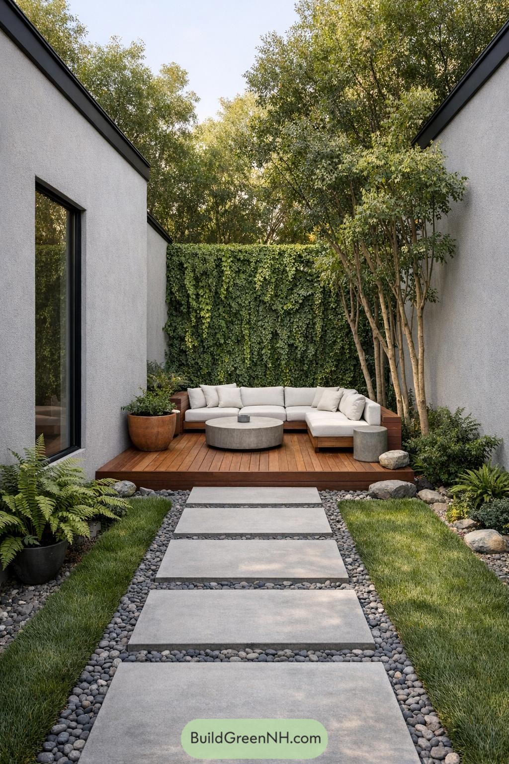 Modern courtyard with wood deck seating and lush green backdrop