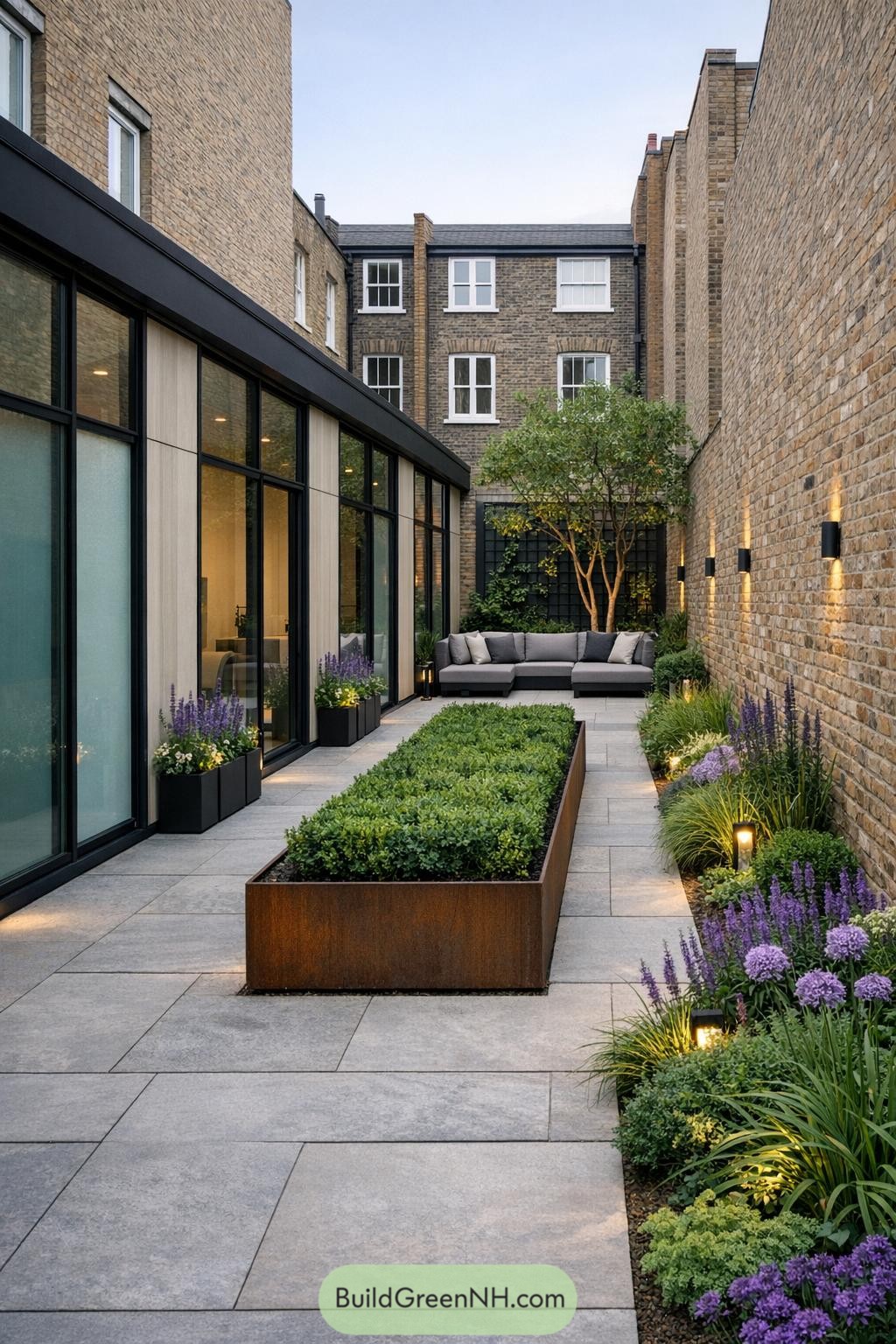 Narrow urban courtyard with modern planting and lounge