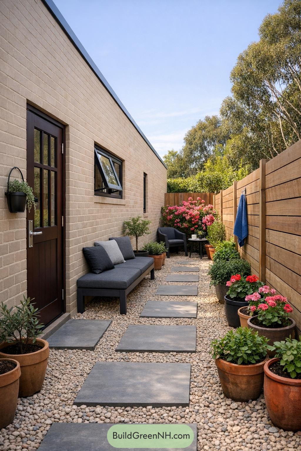 high-res photo of modern small house with courtyard garden, narrow side courtyard view; facade in light beige brick with clean modern lines, single-story rectangular volume, simple flat concealed roofline; color palette of warm beige brick, dark brown door, black and grey outdoor furniture, natural timber fencing, green foliage, pops of pink and red flowers; structure compact and elongated along the courtyard; materials: smooth clay brick wall, timber framed door, clear glass, painted timber privacy fences on both sides, light gravel ground cover with stepping stones; windows in slim dark frames, top-hinged casement open outward, clear glazing; main door in dark maroon-brown wood, half-glazed with vertical panes, silver hardware, minimal trim; outdoor elements include grey bench with cushions against the brick wall, dark plastic armchair near rear, small side table, wall-mounted metal plant holder, hanging blue towel or fabric, terracotta and plastic pots grouped along both sides; landscaping with mixed potted plants and shrubs, bright flowering shrub in pink at courtyard end, low leafy green plants in pots, small tree in container by bench, all set on light pebble ground; surrounding environment enclosed by mid-height timber fences, taller trees and dense greenery rising beyond fences, clear blue sky above, soft natural daylight creating gentle shadows, intimate and picture-worthy courtyard perspective. real-life photo, high-resolution, architectural photography, soft lighting, cinematic composition
