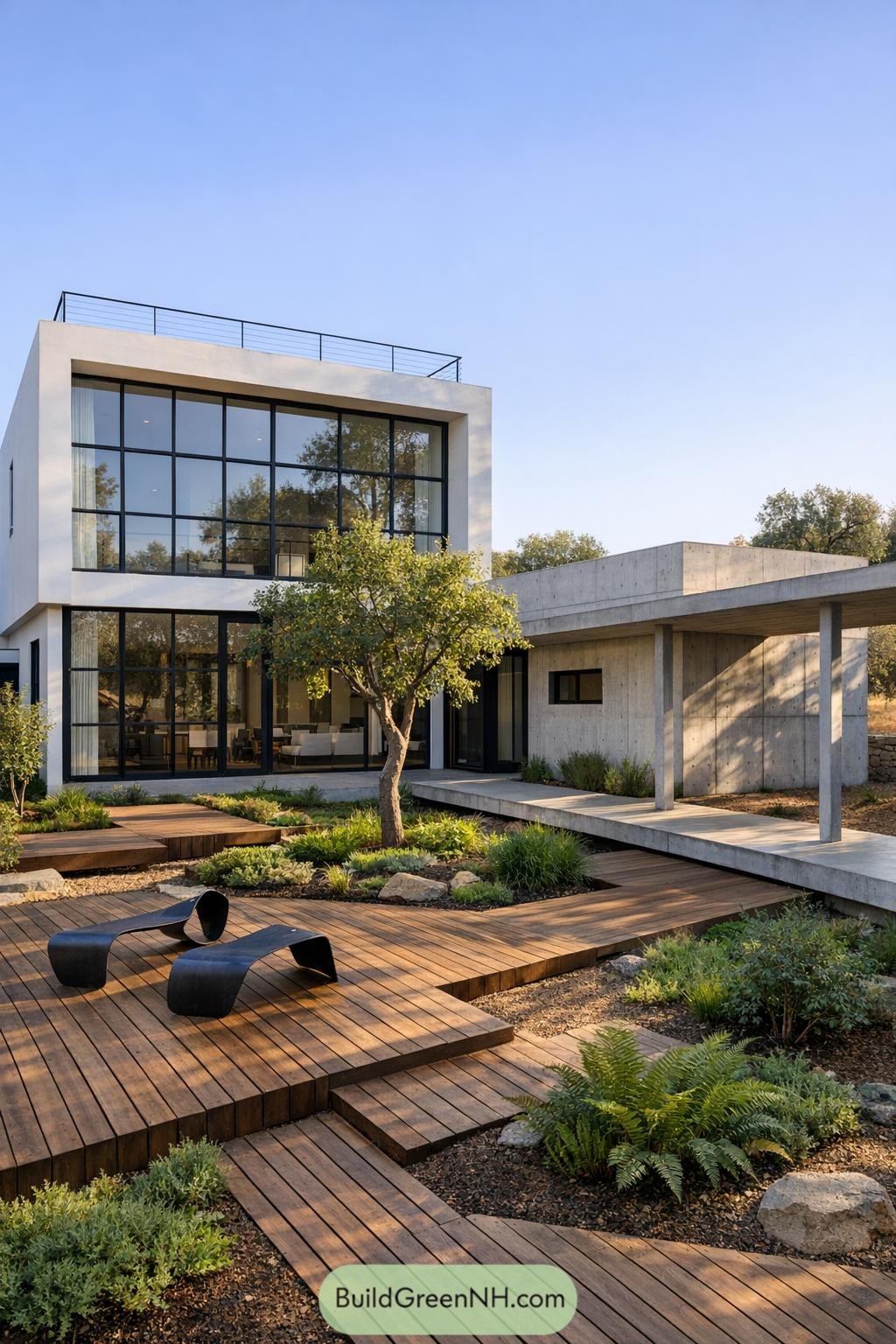 Modern cube house with large windows opening to a wood deck courtyard and low garden plantings