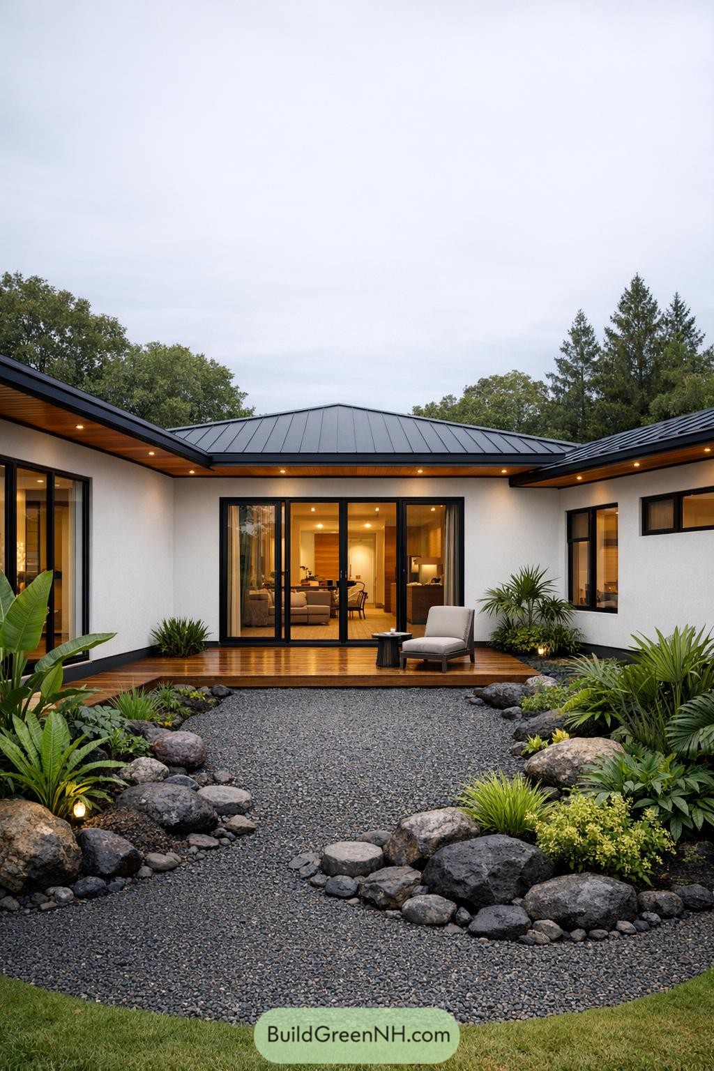 Modern U-shaped home facing a pebble garden courtyard with boulders and tropical plants