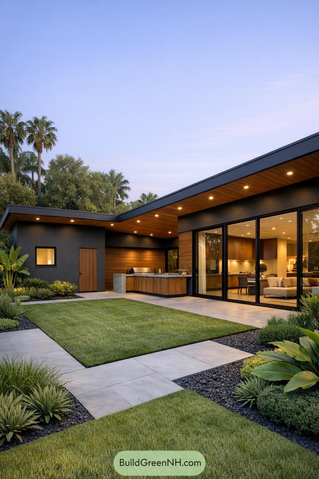 Modern courtyard home with outdoor kitchen and lawn