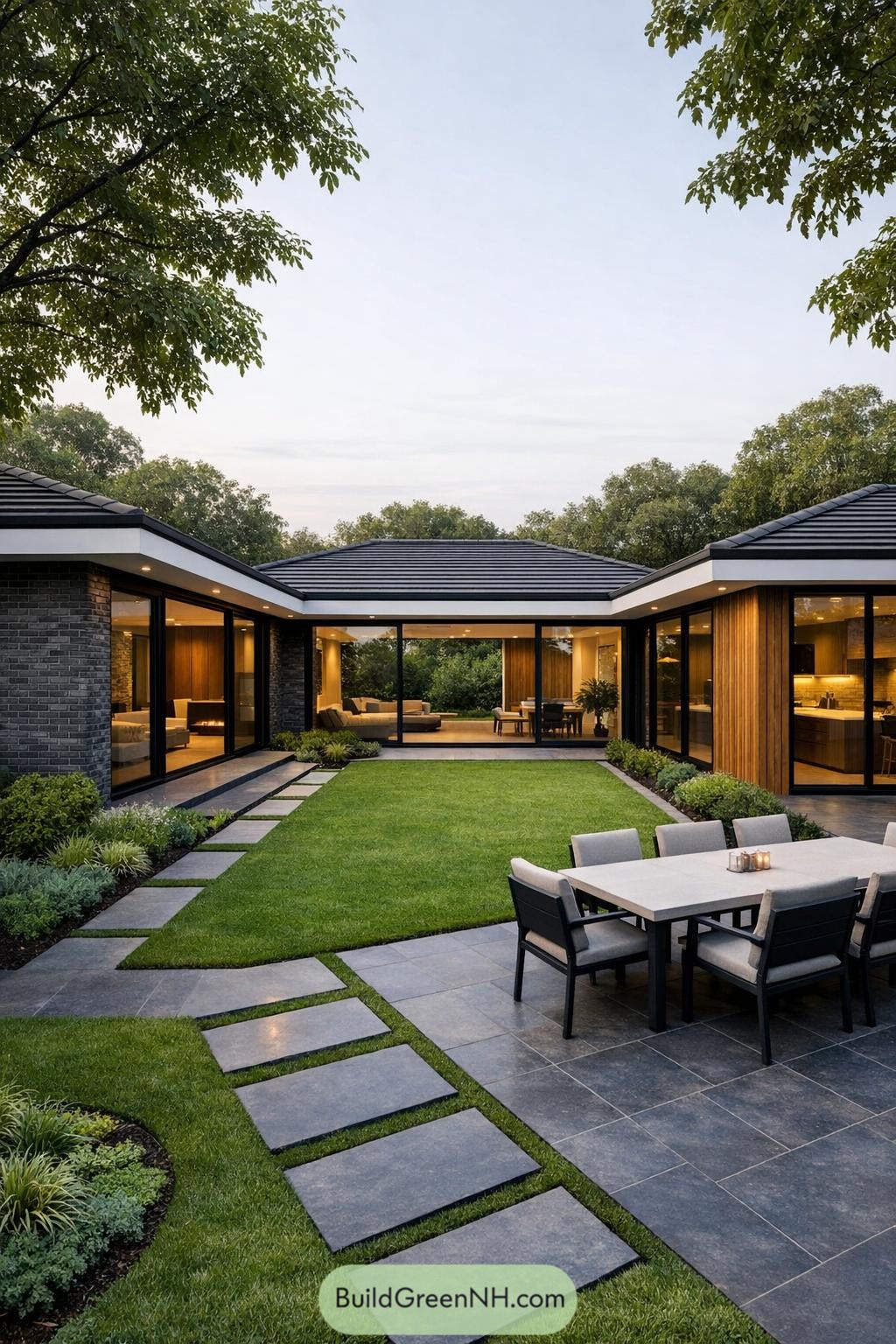 Modern courtyard home with glass walls framing a central lawn and outdoor dining area