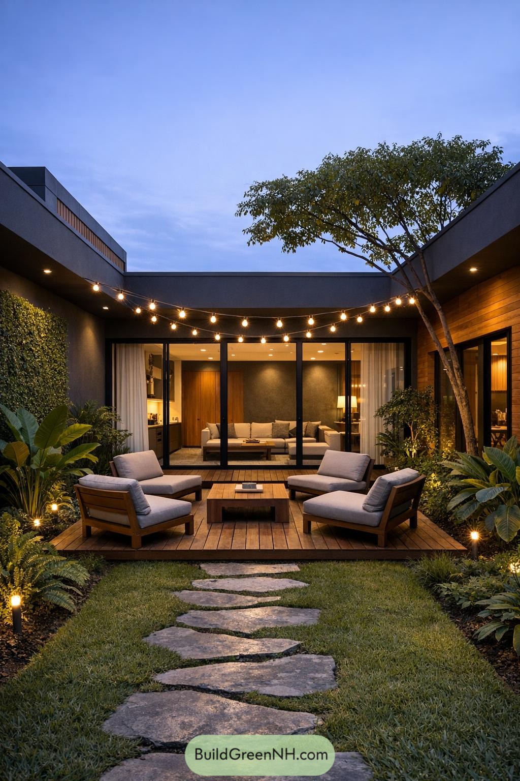 Cozy courtyard deck with lounge seating and garden path at dusk