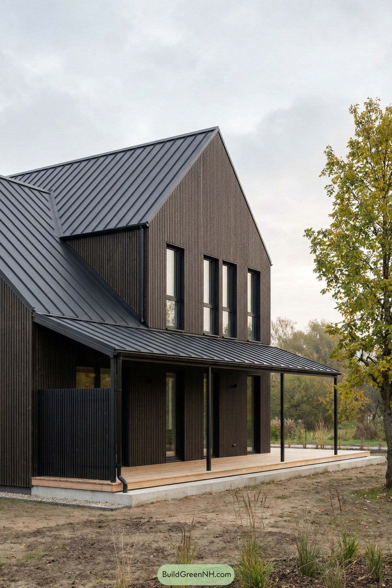 Modern black metal roof house with vertical wood siding and covered porch