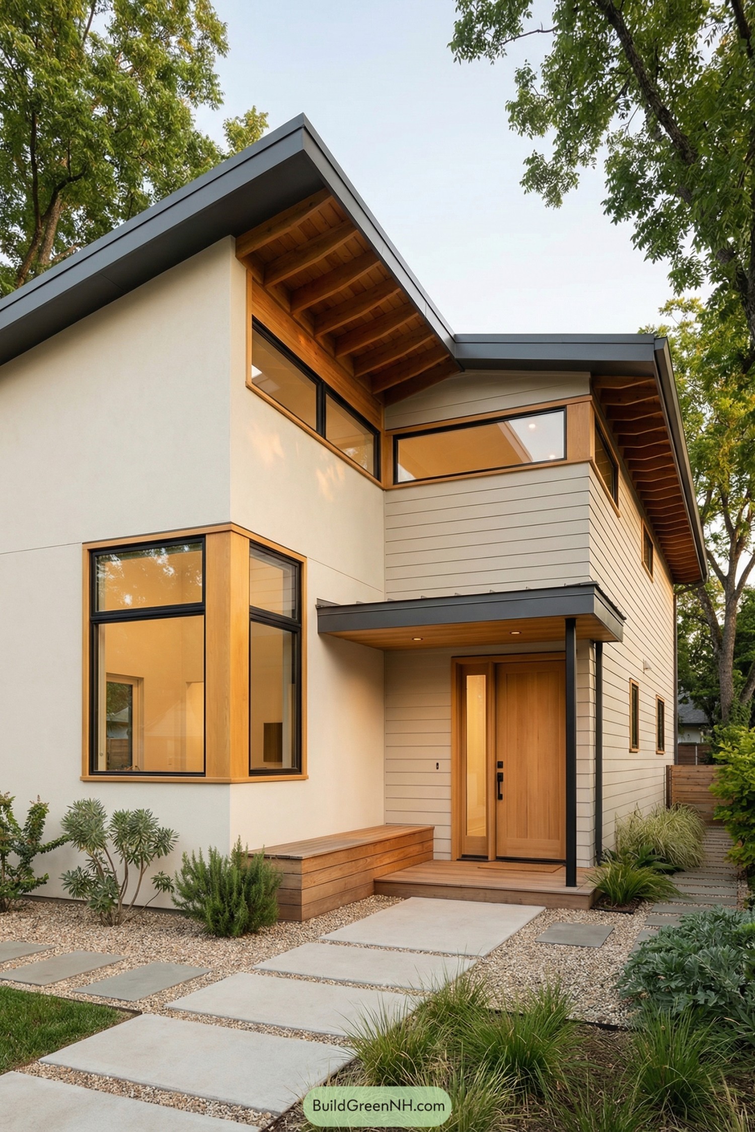 Modern two story home with light wood trim and minimalist landscaping
