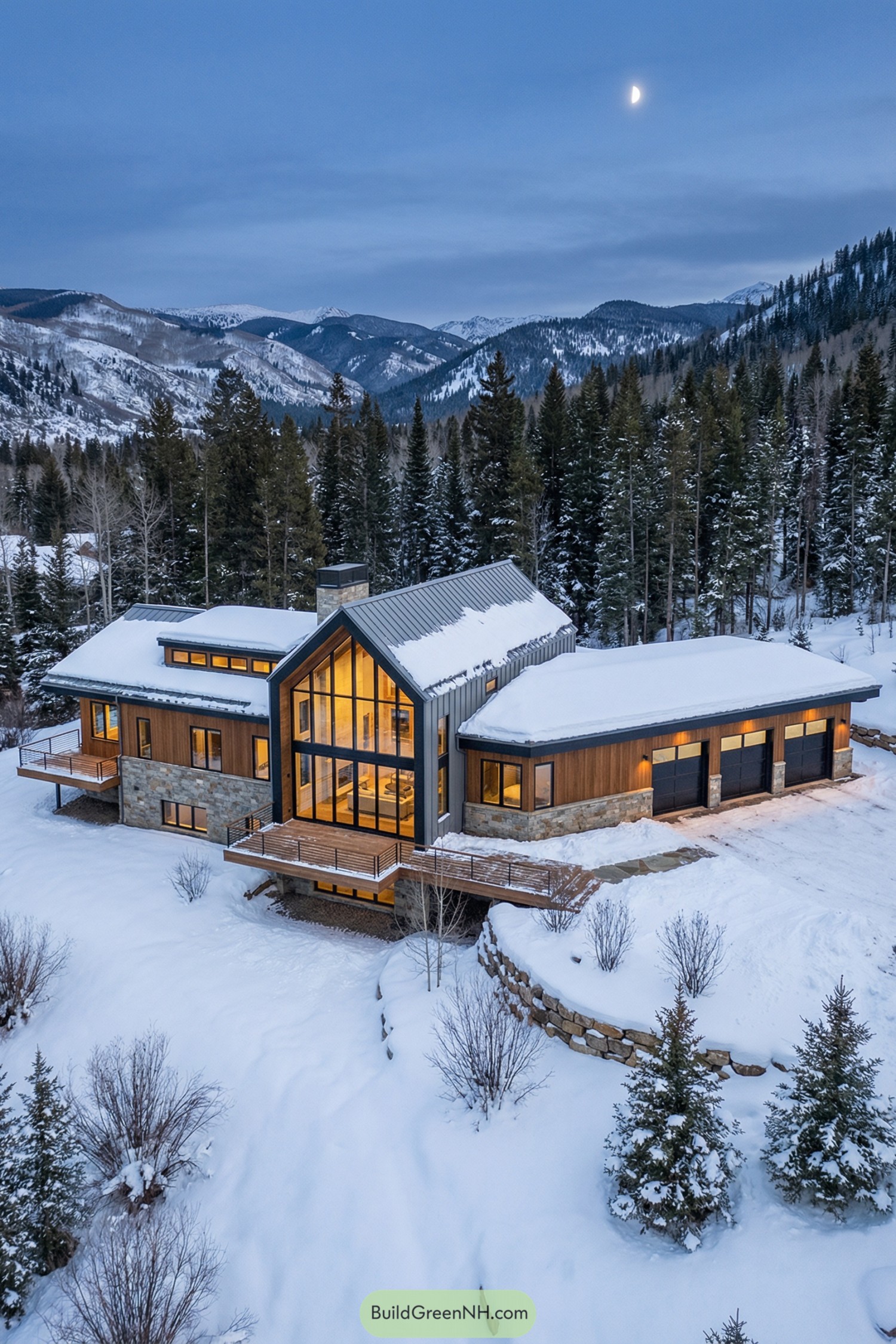 Modern wood-and-stone mountain ranch in snowy forested mountains