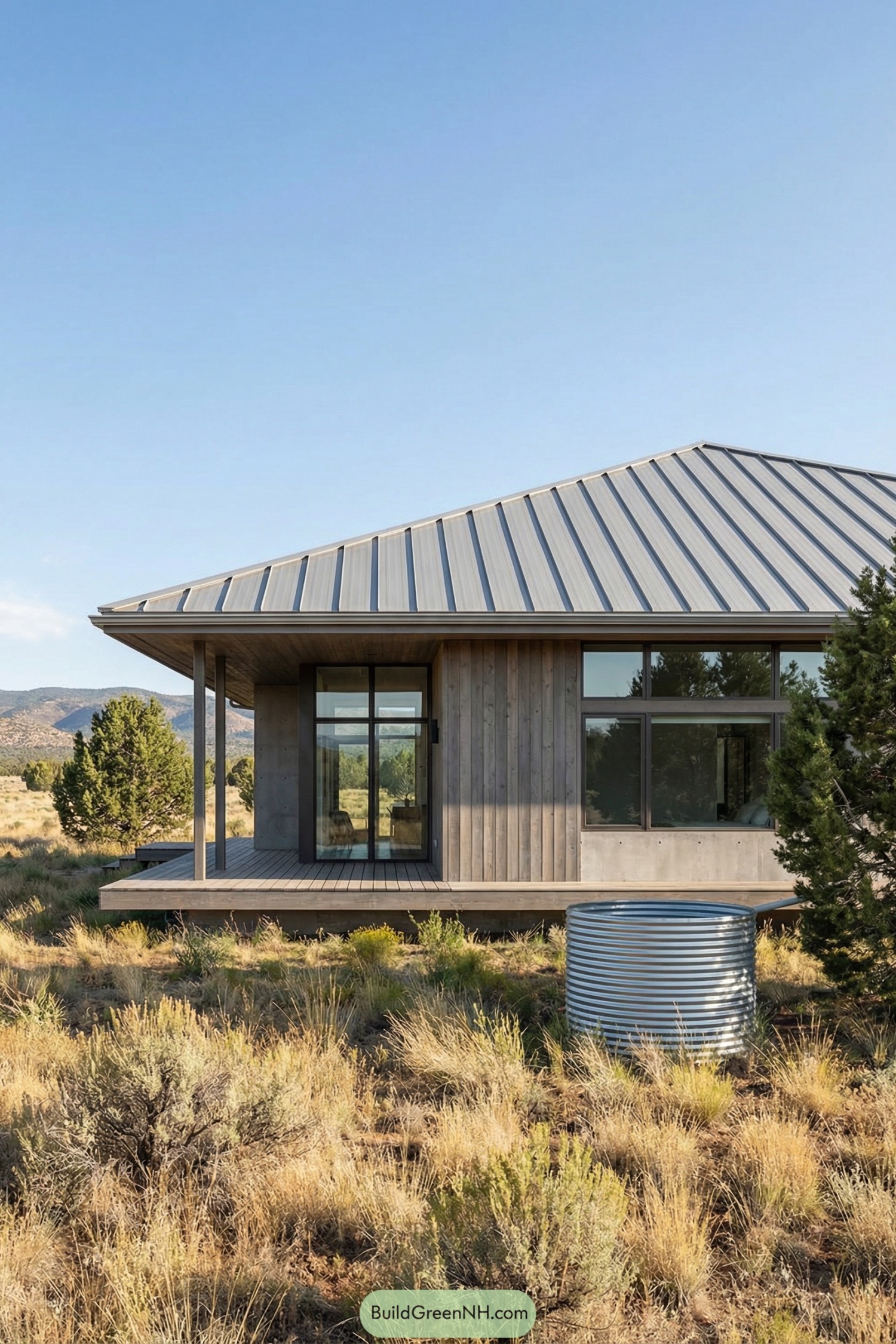 Modern wood ranch house with metal roof in open high-desert landscape
