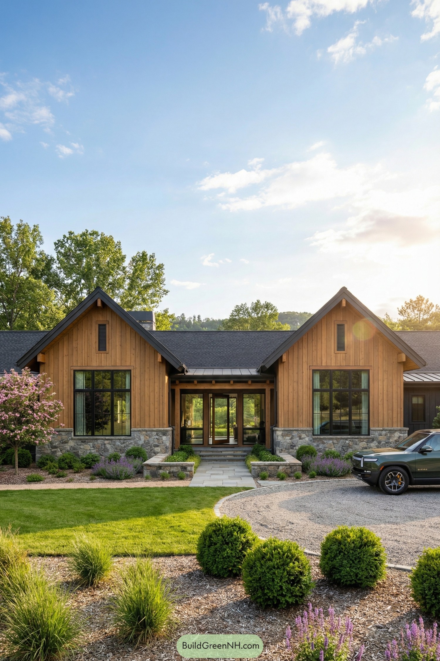 Warm wood-and-stone ranch house with tall gables, large windows, and lush landscaped front yard