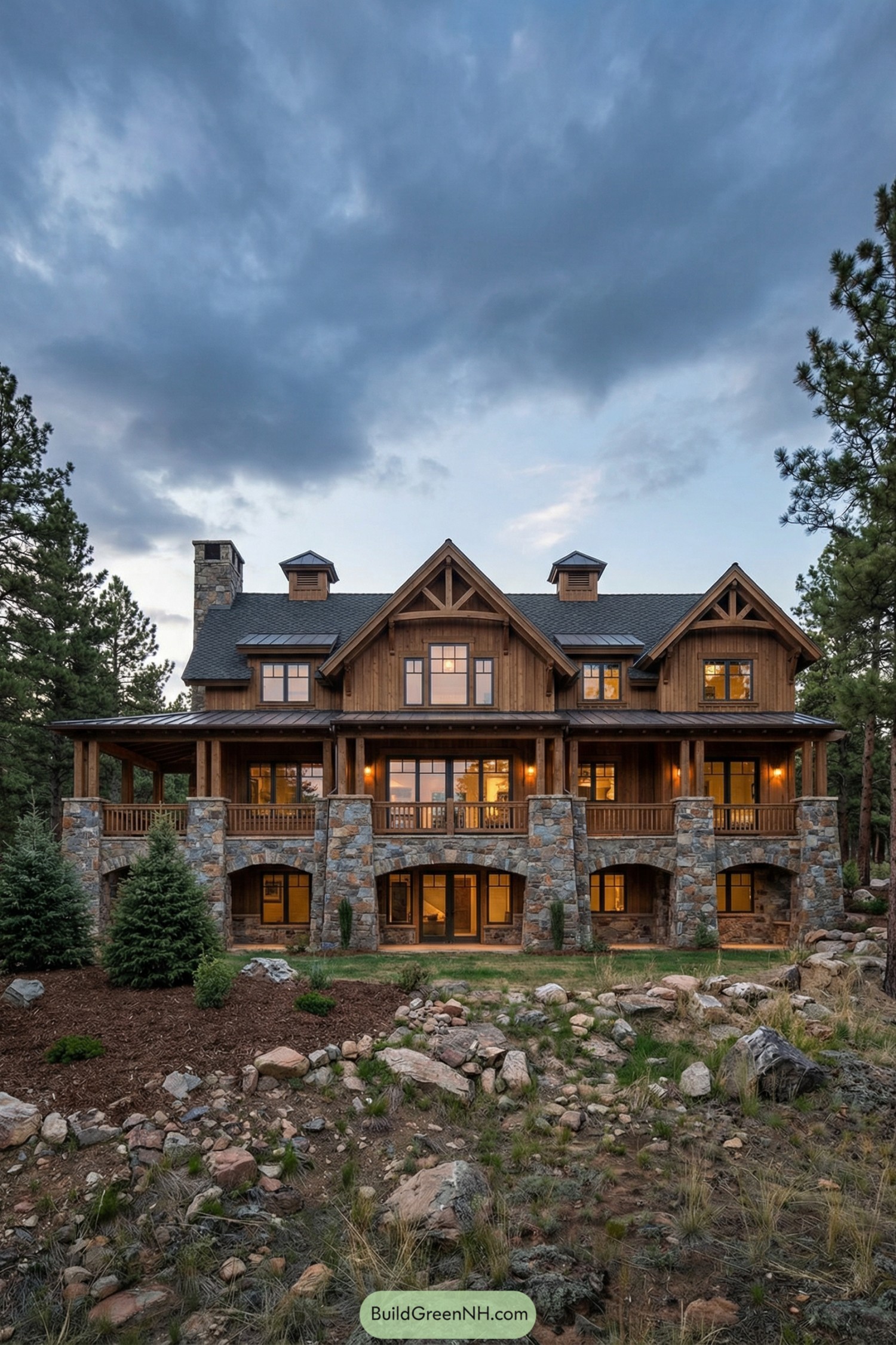 Timber and stone mountain ranch house with expansive porches and large windows at dusk