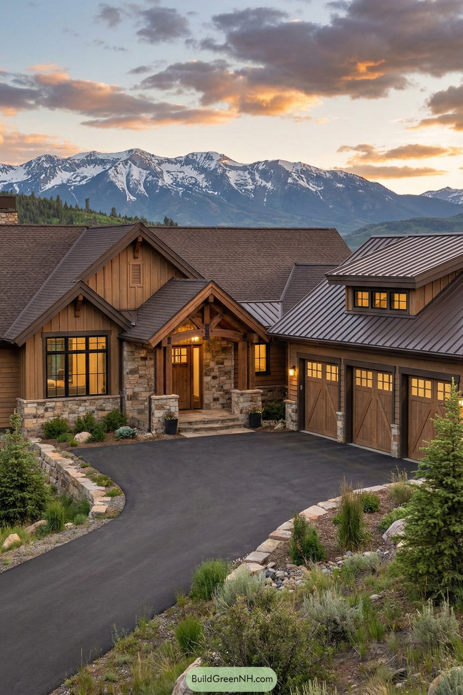Warm wood and stone mountain ranch house with gabled roof, three-car garage, and paved drive set against snowy peak backdrop