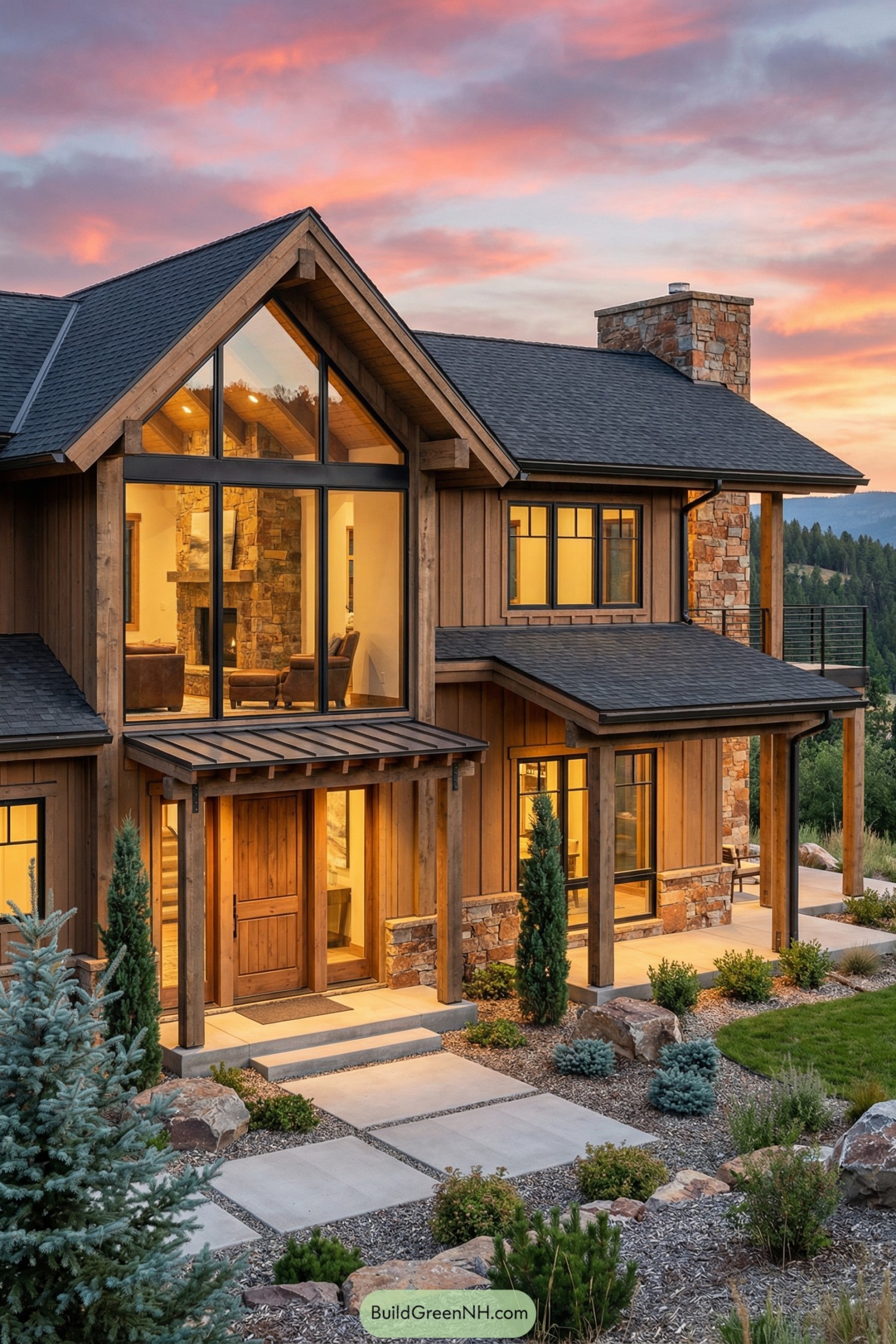 Warm contemporary mountain ranch with tall wood siding, stone chimney, and expansive windows at dusk
