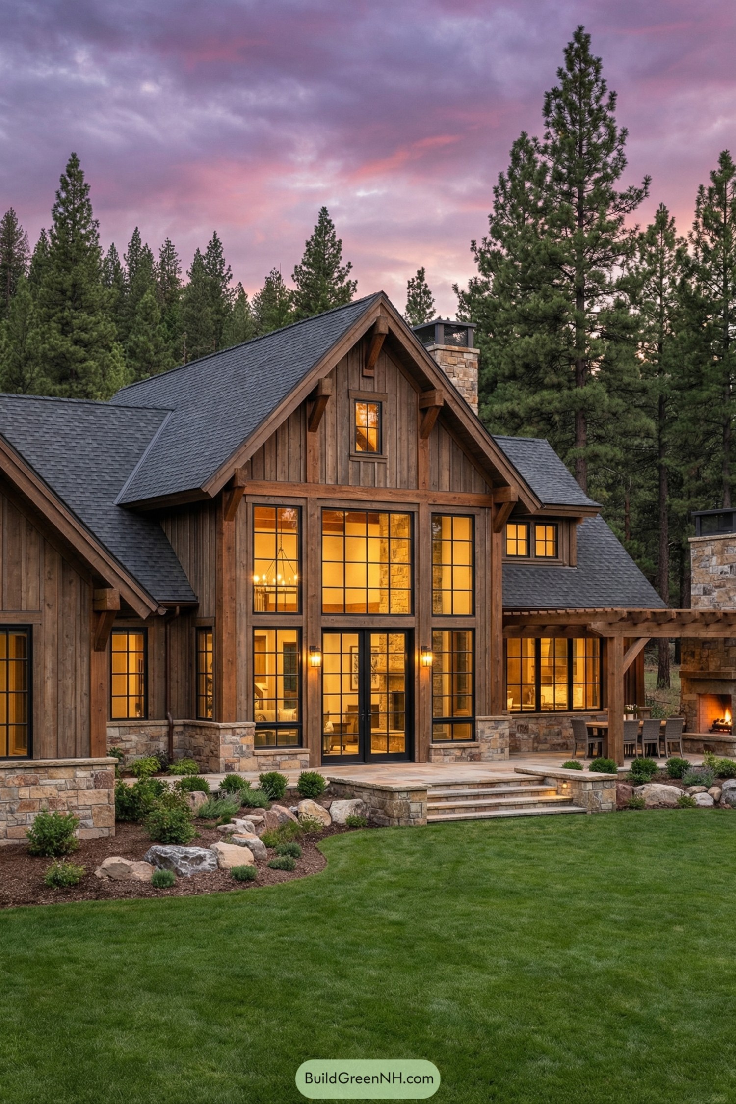 Rustic wood and stone mountain ranch home at sunset